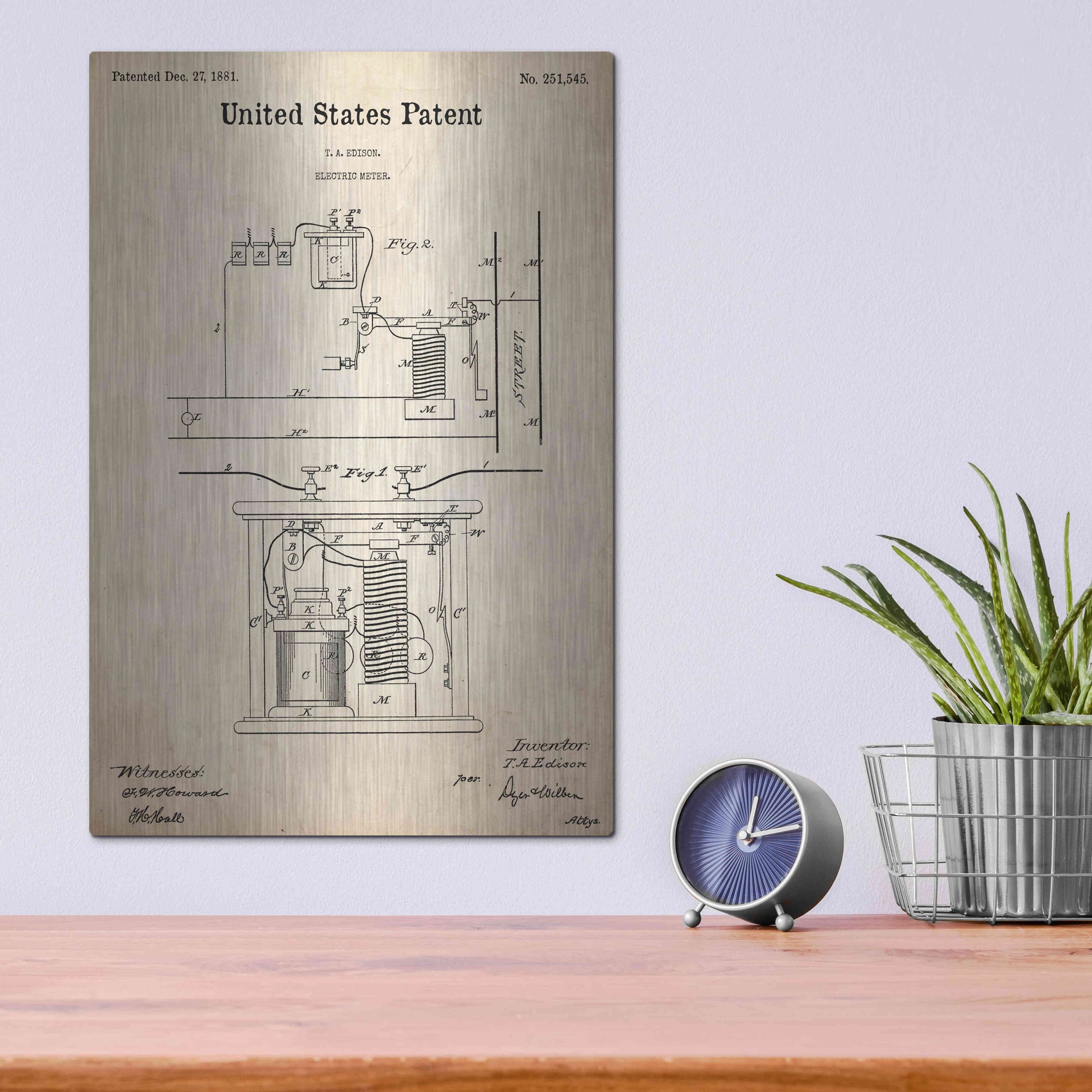 Luxe Metal Art 'Edison Electric Meter Blueprint Patent Parchment,' Metal Wall Art,12x16