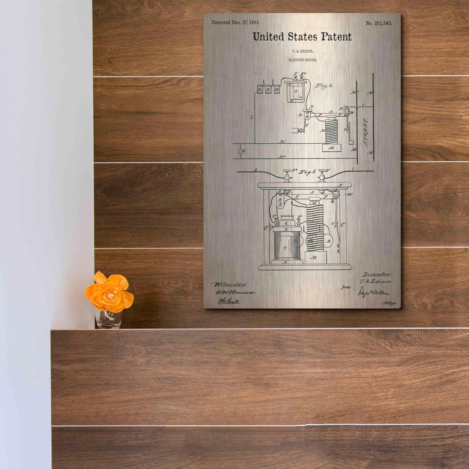 Luxe Metal Art 'Edison Electric Meter Blueprint Patent Parchment,' Metal Wall Art,12x16