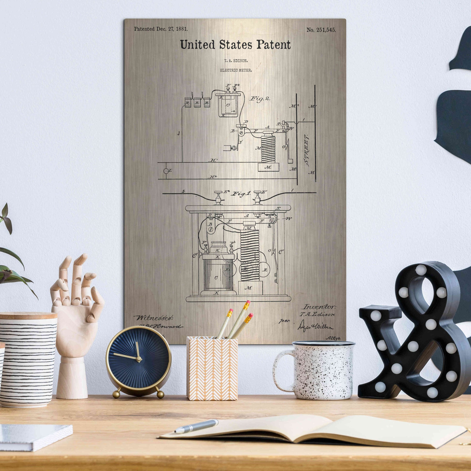 Luxe Metal Art 'Edison Electric Meter Blueprint Patent Parchment,' Metal Wall Art,12x16