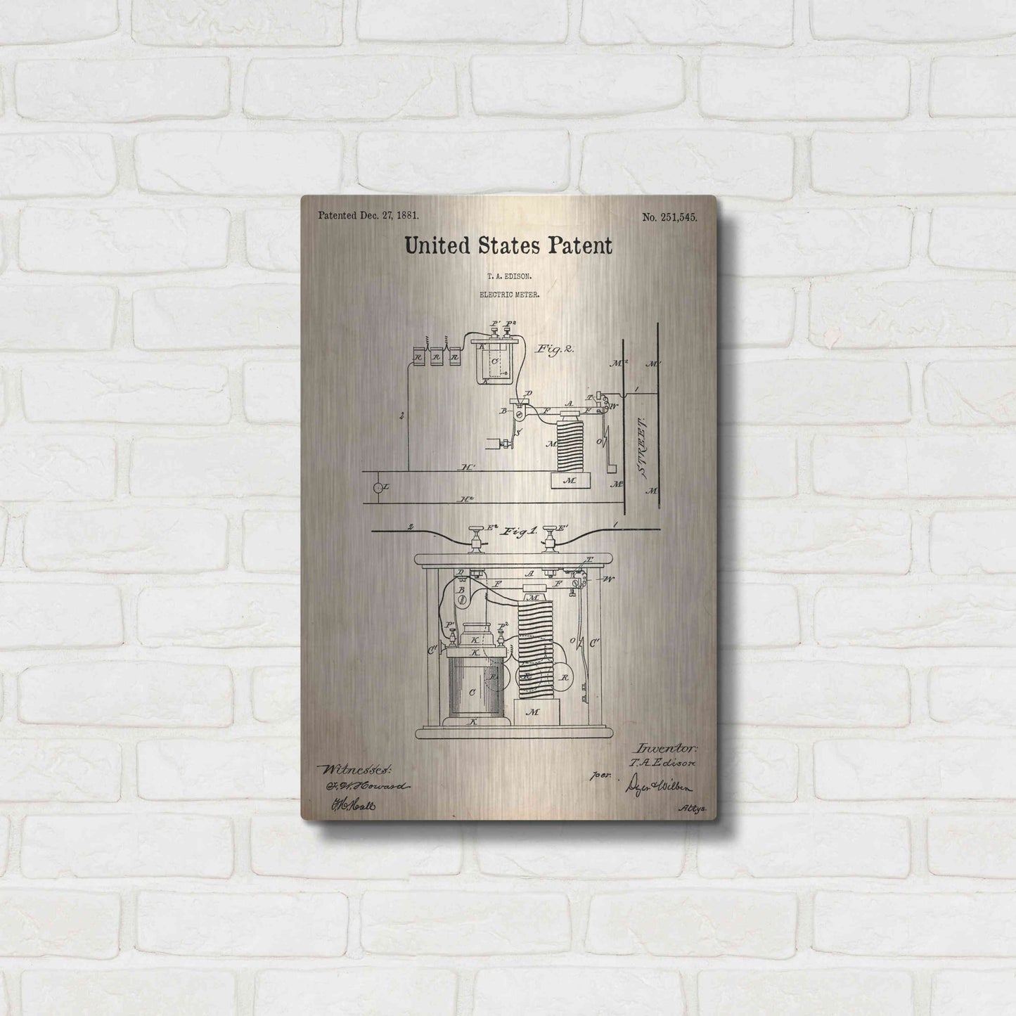 Luxe Metal Art 'Edison Electric Meter Blueprint Patent Parchment,' Metal Wall Art,16x24