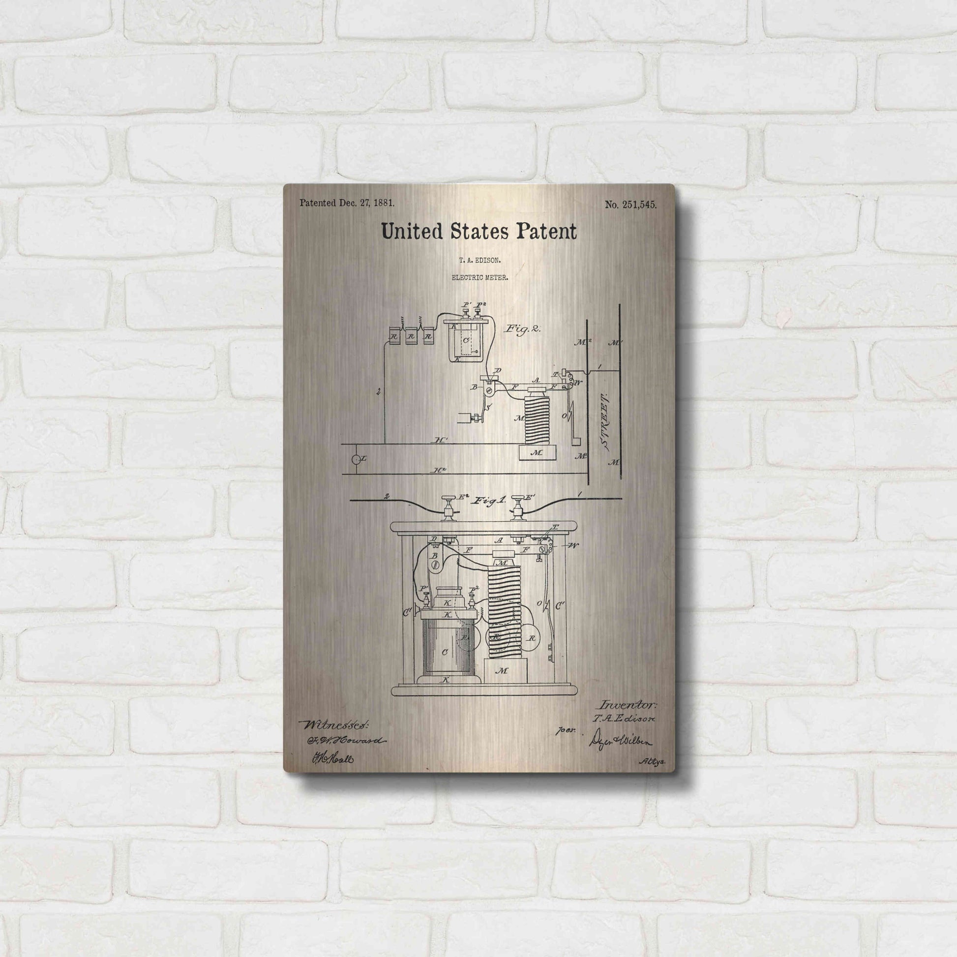 Luxe Metal Art 'Edison Electric Meter Blueprint Patent Parchment,' Metal Wall Art,16x24