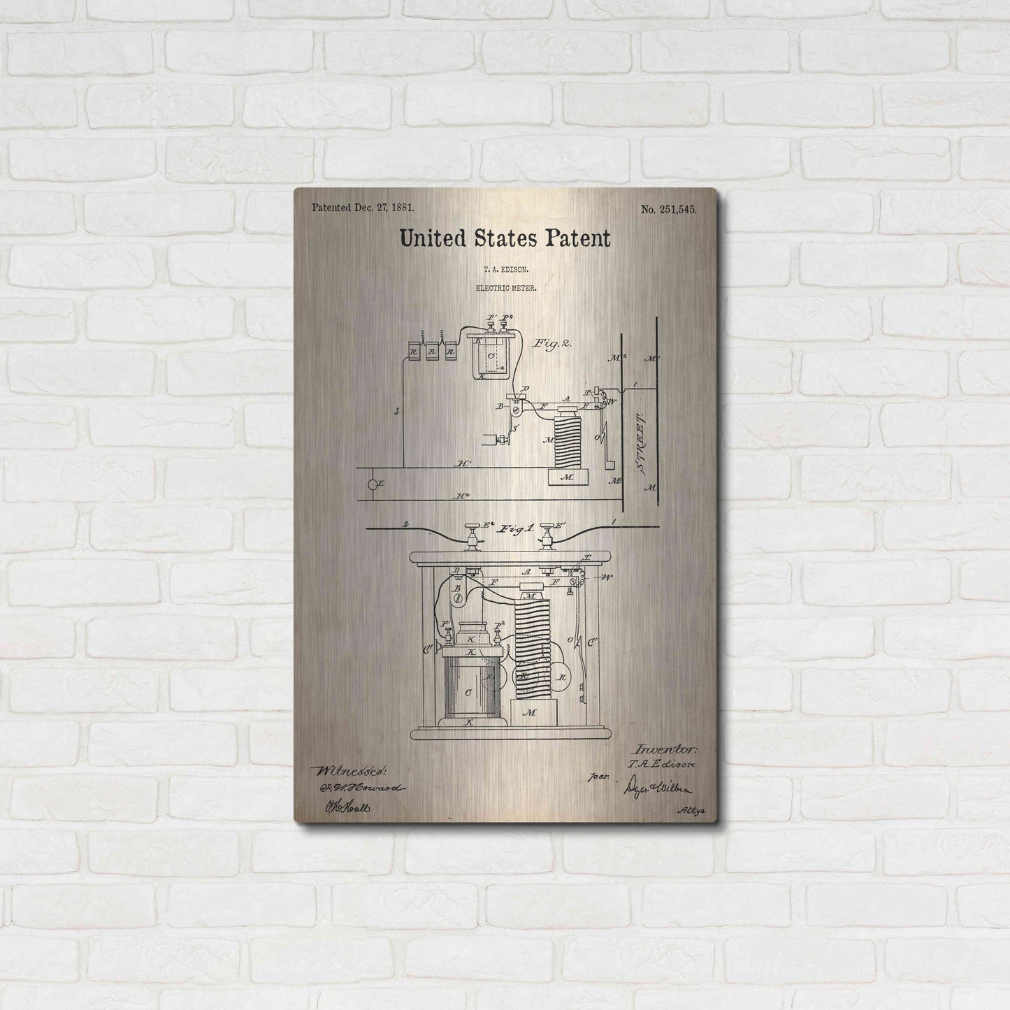 Luxe Metal Art 'Edison Electric Meter Blueprint Patent Parchment,' Metal Wall Art,24x36