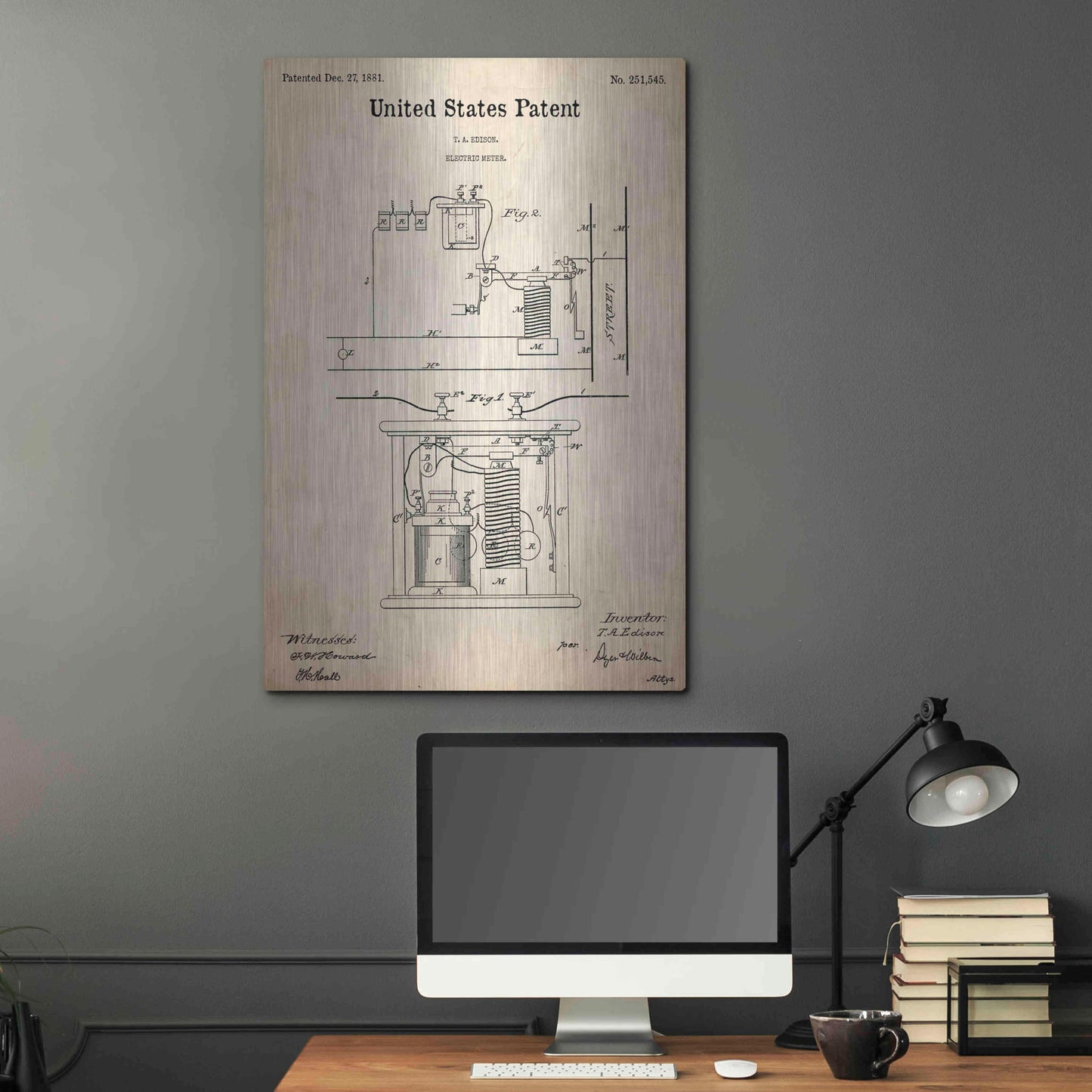 Luxe Metal Art 'Edison Electric Meter Blueprint Patent Parchment,' Metal Wall Art,24x36