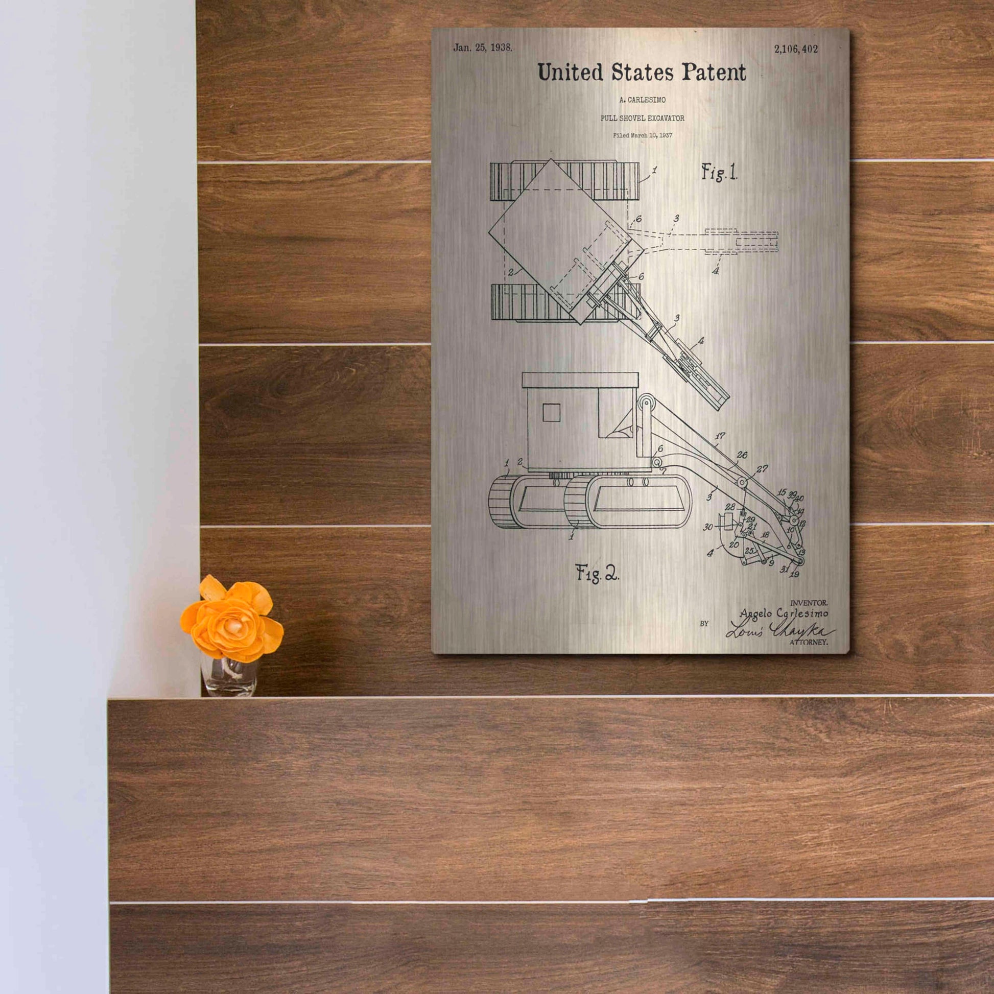 Luxe Metal Art 'Pull Shovel Excavator Blueprint Patent Parchment,' Metal Wall Art,12x16