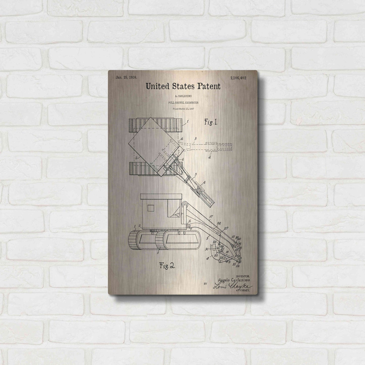 Luxe Metal Art 'Pull Shovel Excavator Blueprint Patent Parchment,' Metal Wall Art,16x24