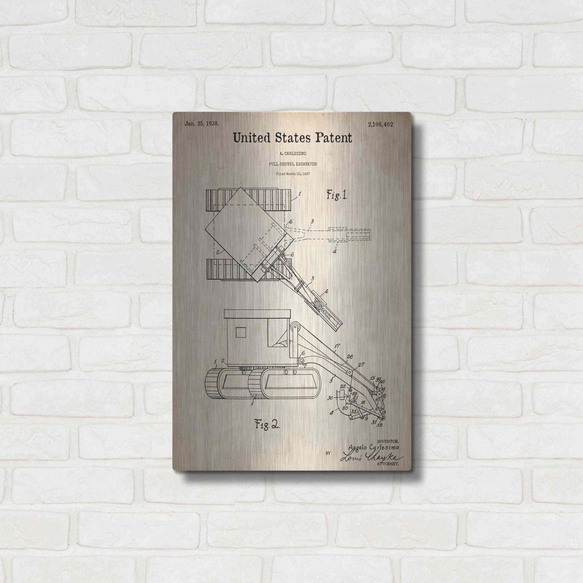 Luxe Metal Art 'Pull Shovel Excavator Blueprint Patent Parchment,' Metal Wall Art,16x24