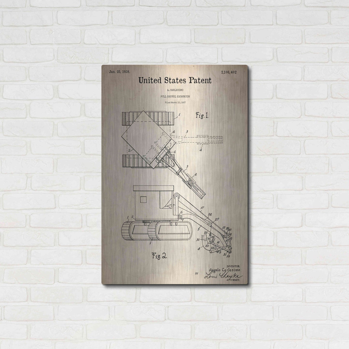 Luxe Metal Art 'Pull Shovel Excavator Blueprint Patent Parchment,' Metal Wall Art,24x36