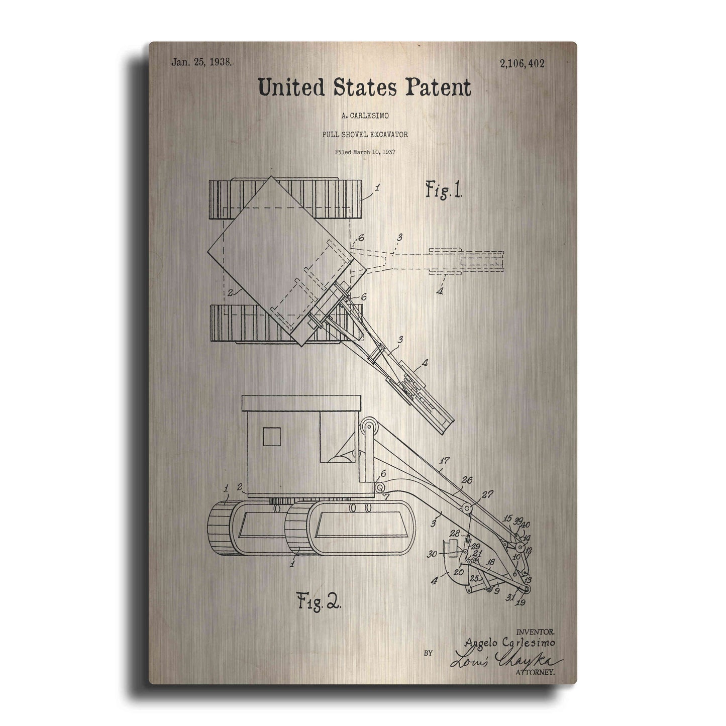 Luxe Metal Art 'Pull Shovel Excavator Blueprint Patent Parchment,' Metal Wall Art