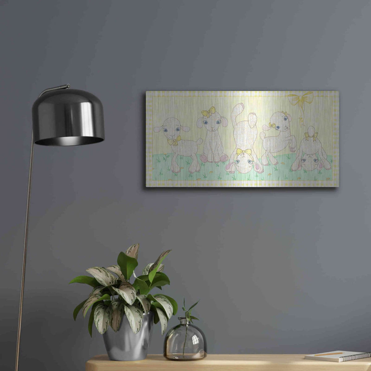 'Baby Shower Yellow Lambs' by Elyse DeNeige – Metal Wall Art, 24x12 room view