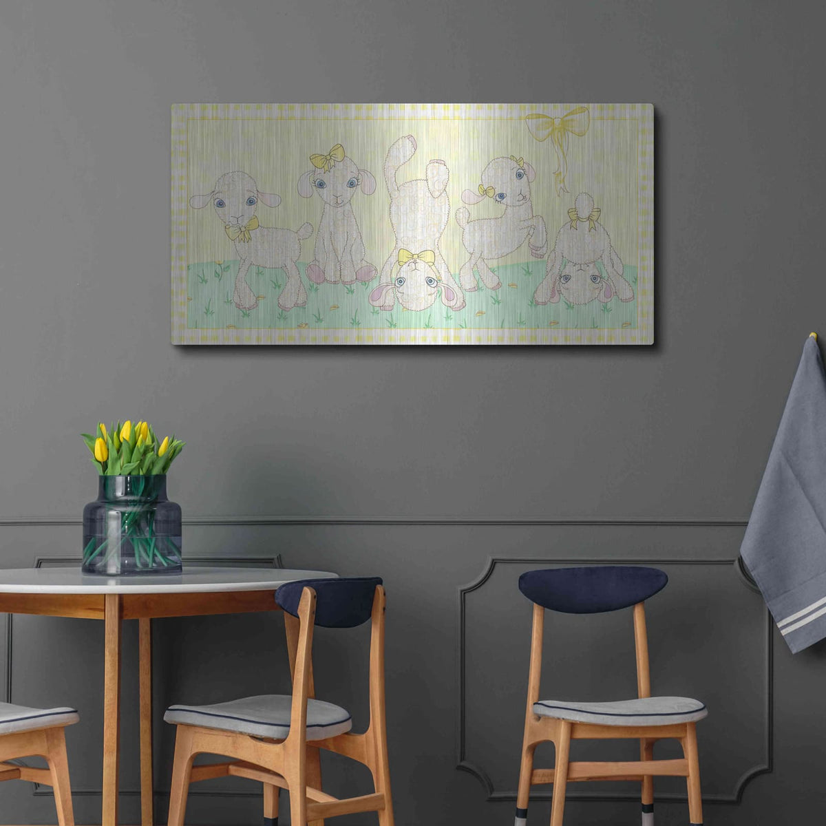 'Baby Shower Yellow Lambs' by Elyse DeNeige – Metal Wall Art, 48x24 room view