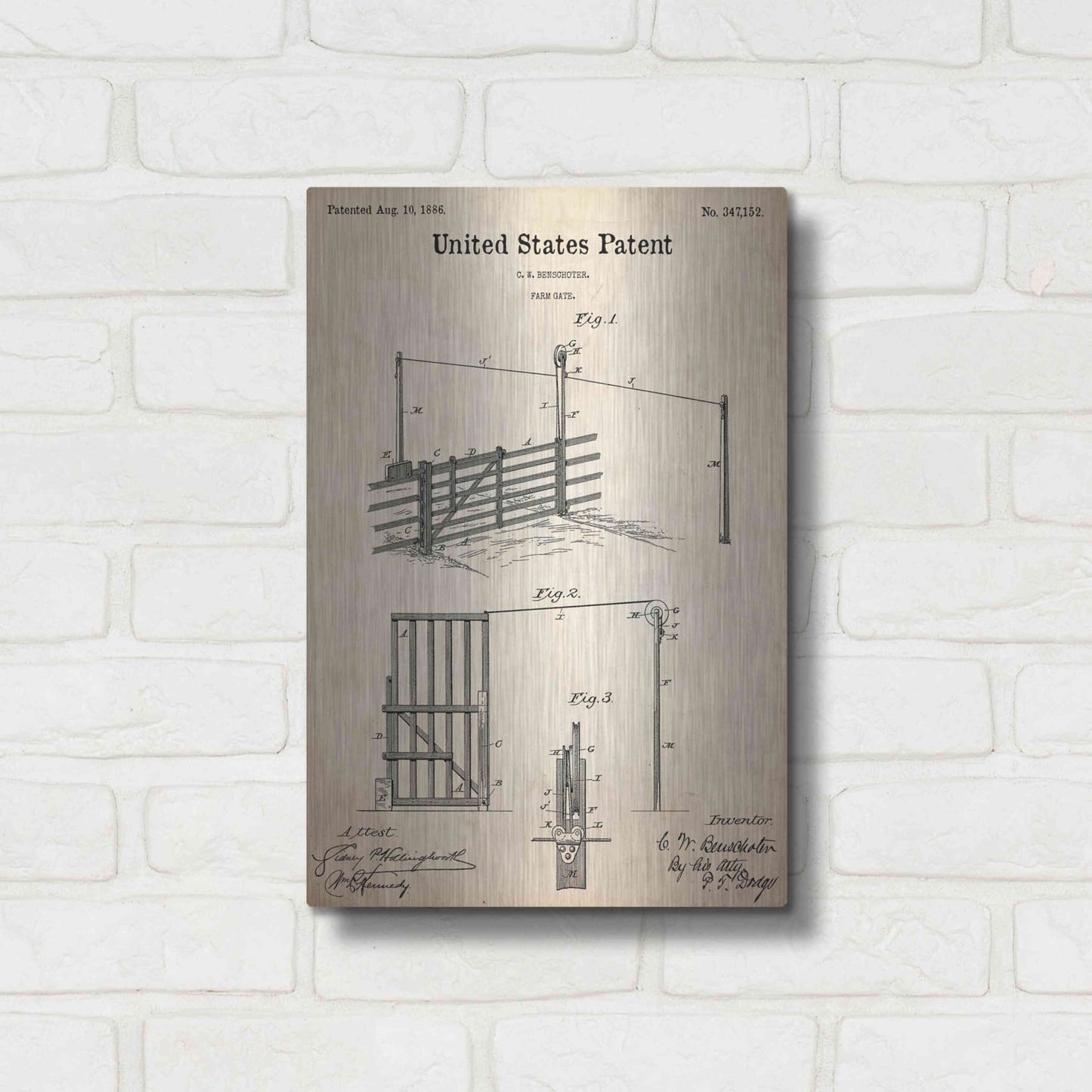 Luxe Metal Art 'Farm Gate Blueprint Patent Parchment,' Metal Wall Art,12x16