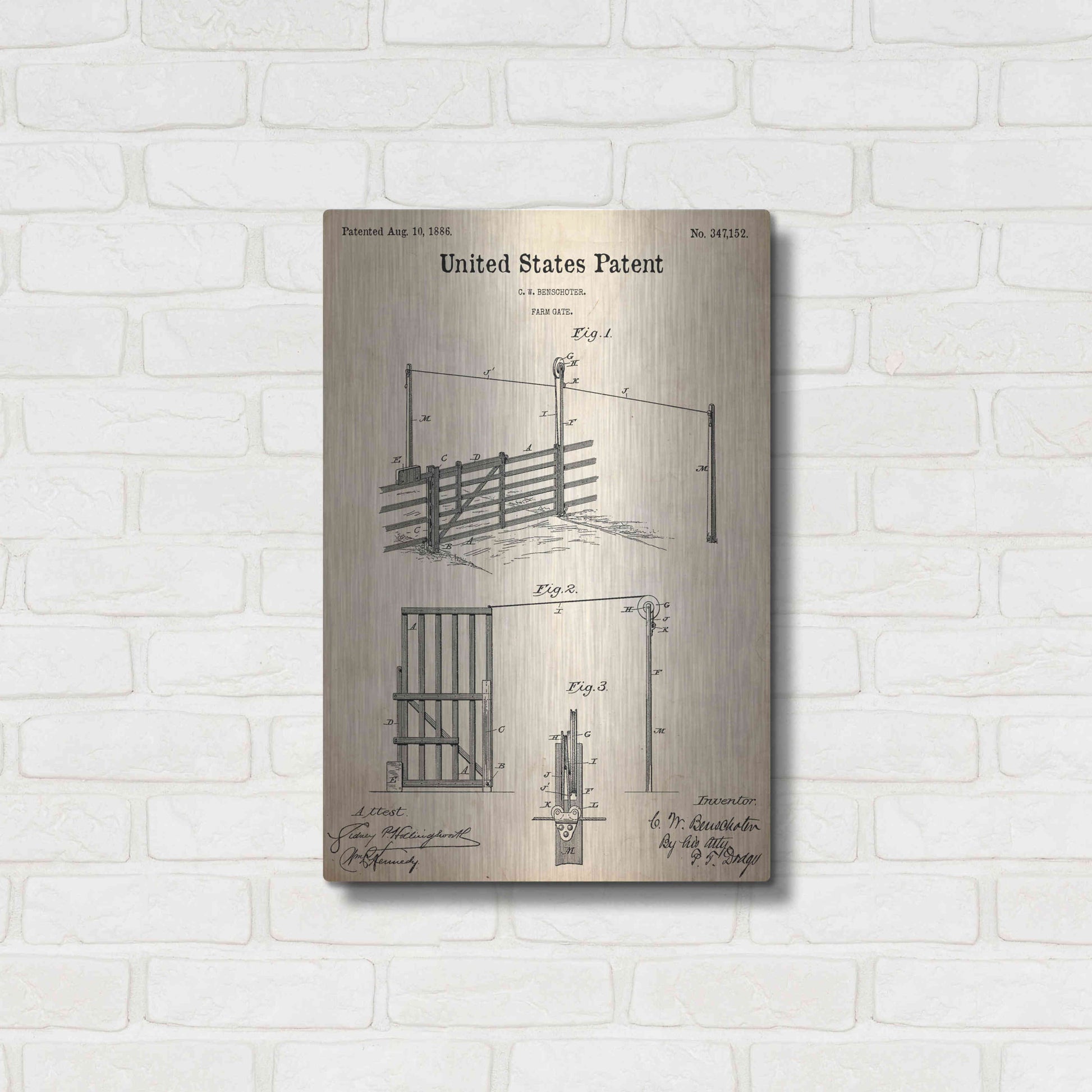 Luxe Metal Art 'Farm Gate Blueprint Patent Parchment,' Metal Wall Art,16x24