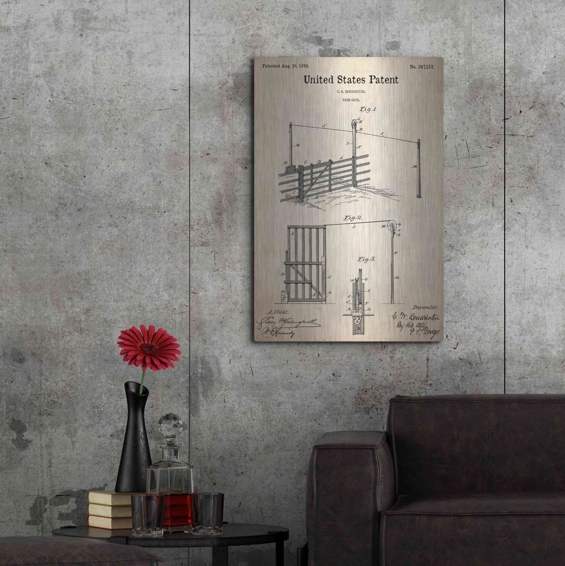 Luxe Metal Art 'Farm Gate Blueprint Patent Parchment,' Metal Wall Art,24x36