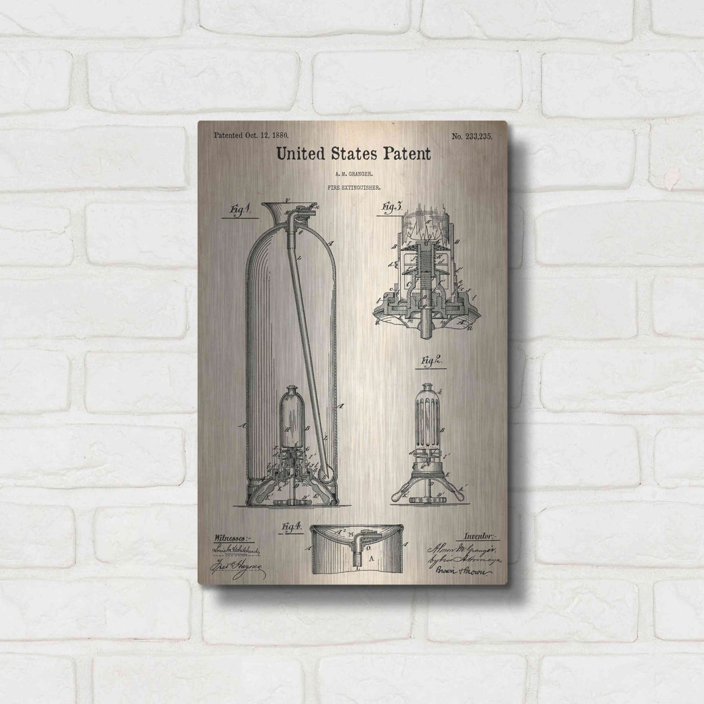 Luxe Metal Art 'Fire Extinguisher Blueprint Patent Parchment,' Metal Wall Art,12x16