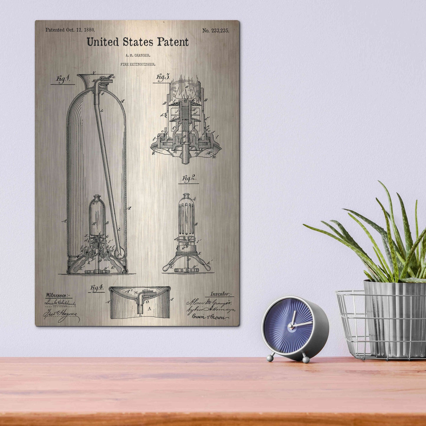 Luxe Metal Art 'Fire Extinguisher Blueprint Patent Parchment,' Metal Wall Art,12x16