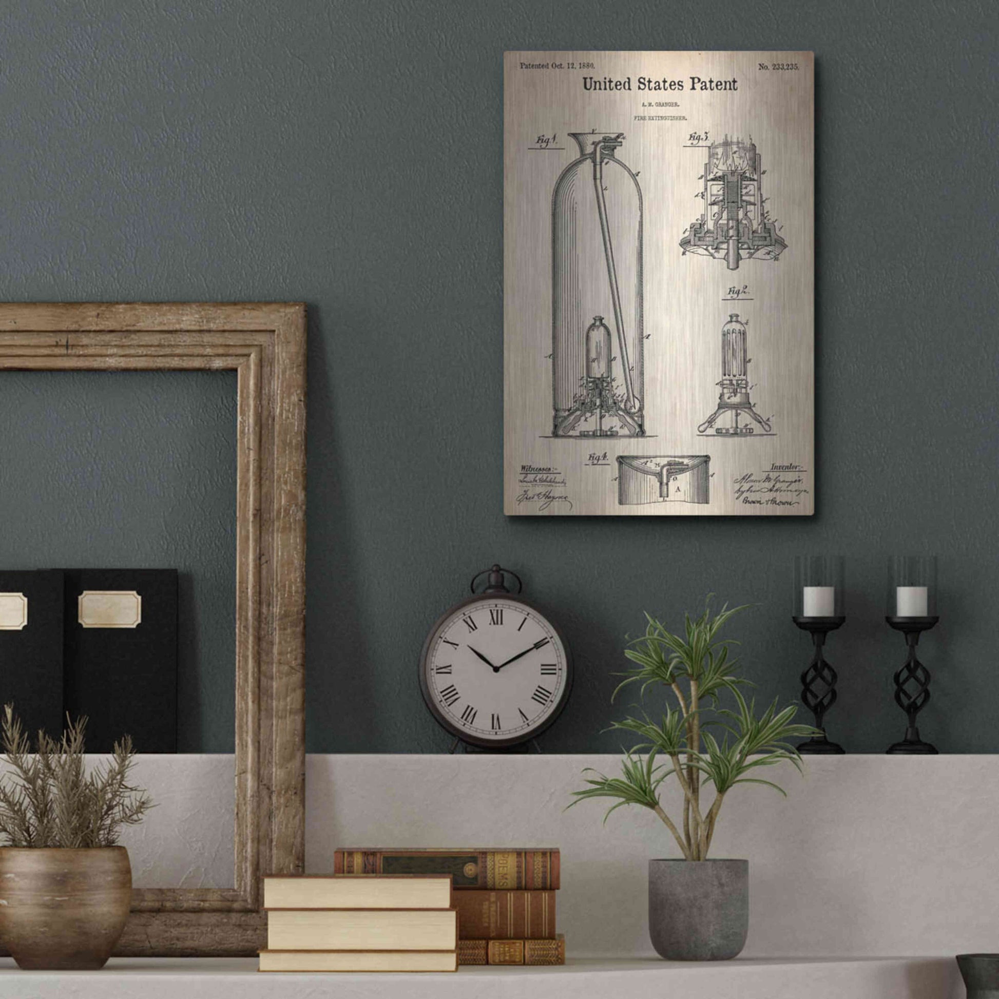 Luxe Metal Art 'Fire Extinguisher Blueprint Patent Parchment,' Metal Wall Art,12x16