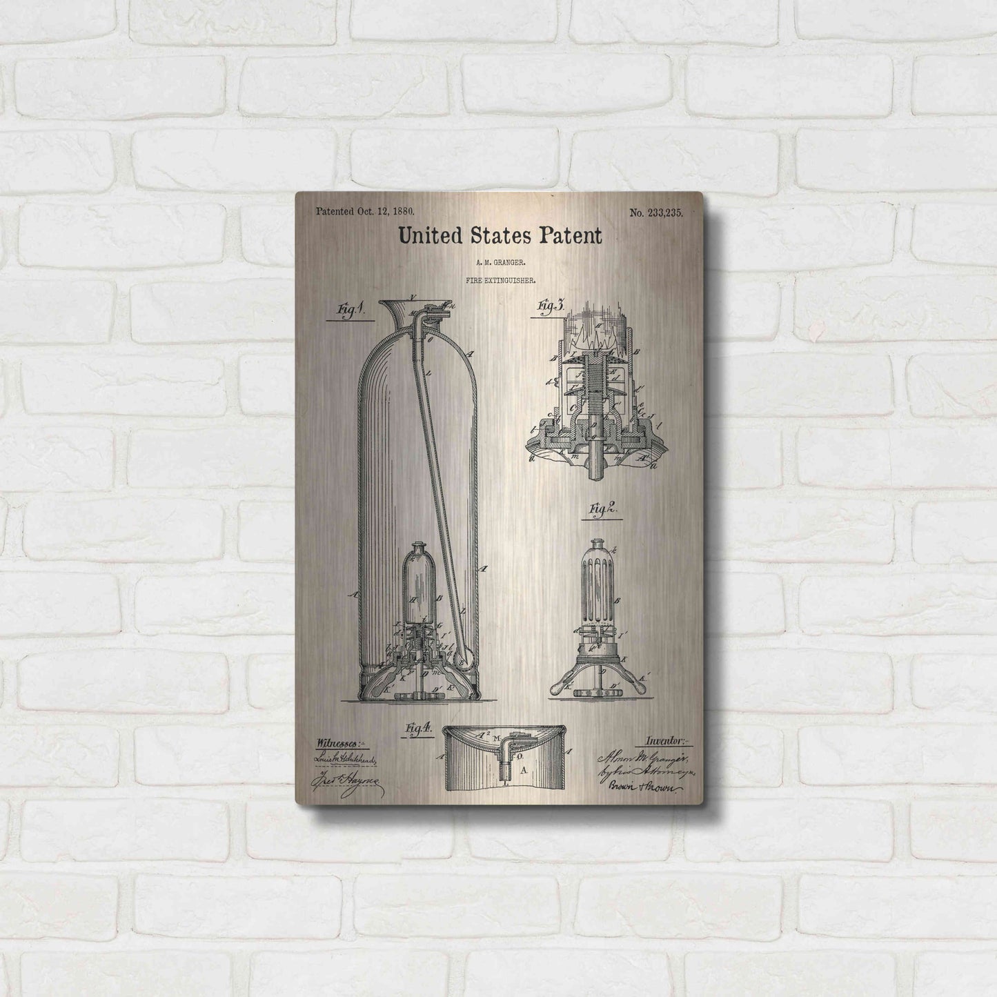 Luxe Metal Art 'Fire Extinguisher Blueprint Patent Parchment,' Metal Wall Art,16x24