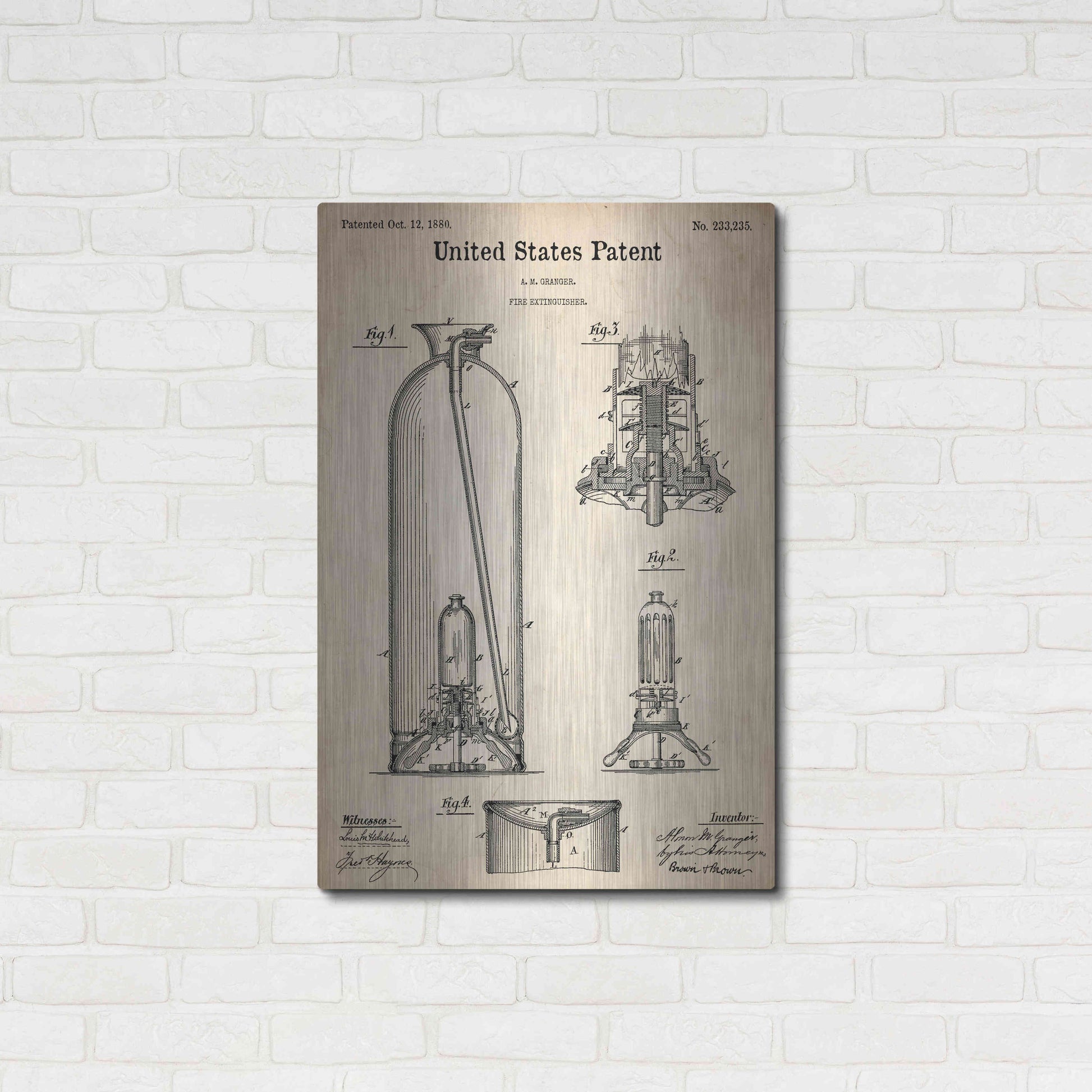 Luxe Metal Art 'Fire Extinguisher Blueprint Patent Parchment,' Metal Wall Art,24x36