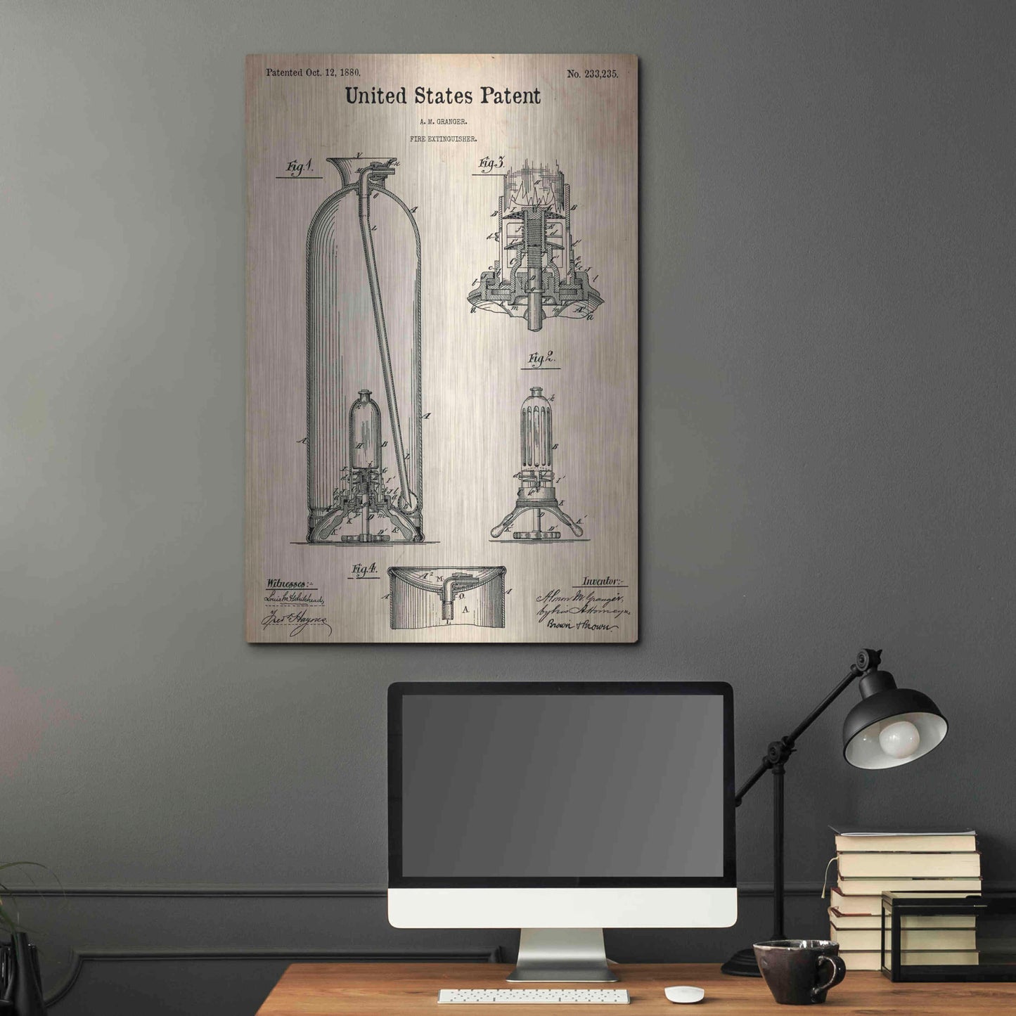 Luxe Metal Art 'Fire Extinguisher Blueprint Patent Parchment,' Metal Wall Art,24x36