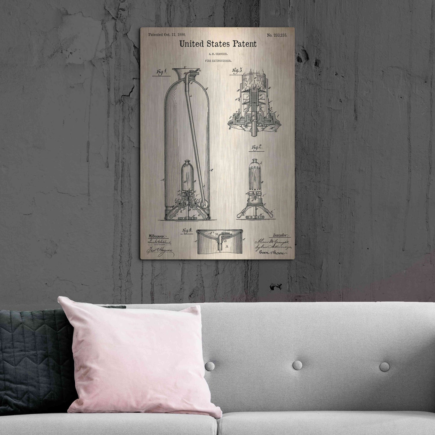 Luxe Metal Art 'Fire Extinguisher Blueprint Patent Parchment,' Metal Wall Art,24x36