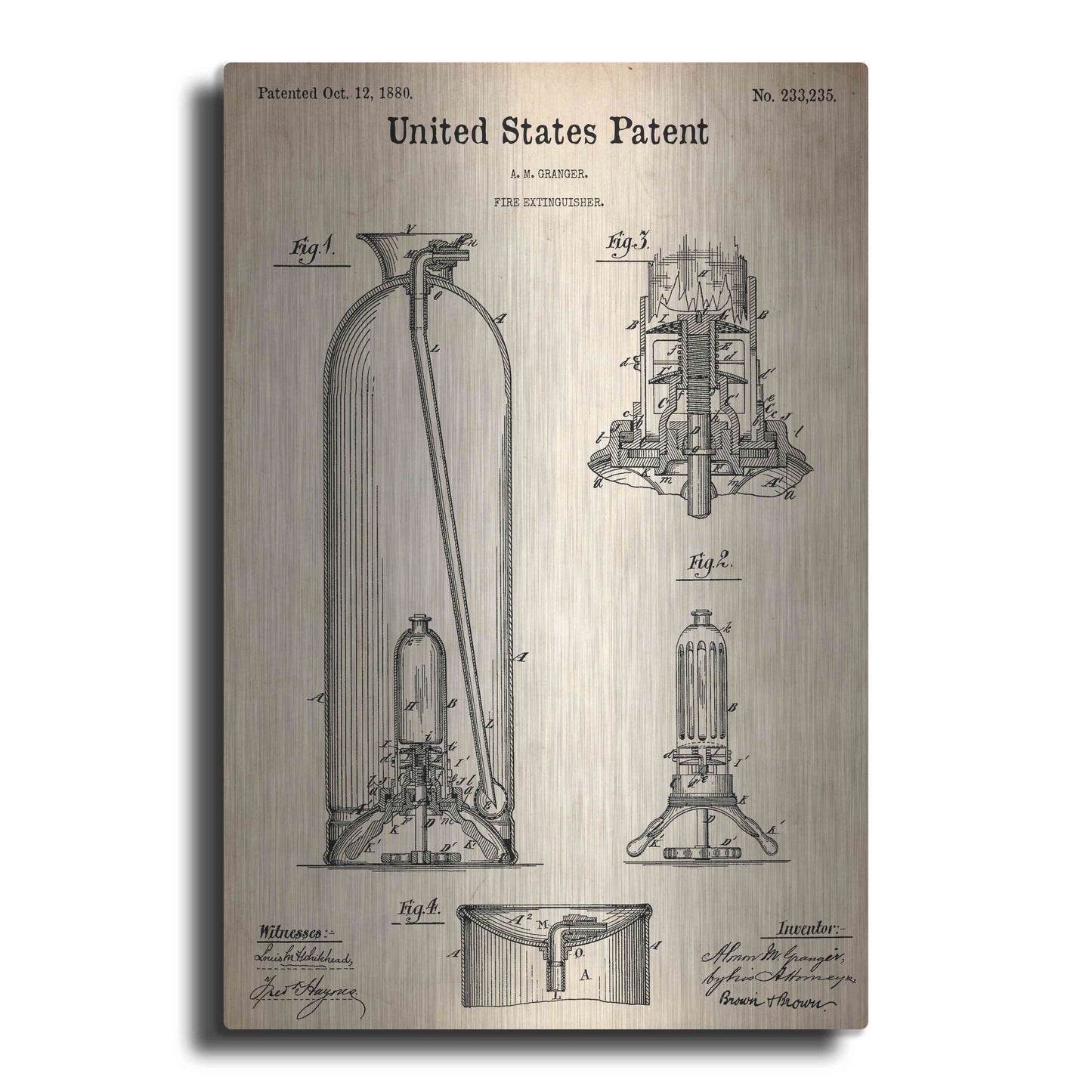 Luxe Metal Art 'Fire Extinguisher Blueprint Patent Parchment,' Metal Wall Art