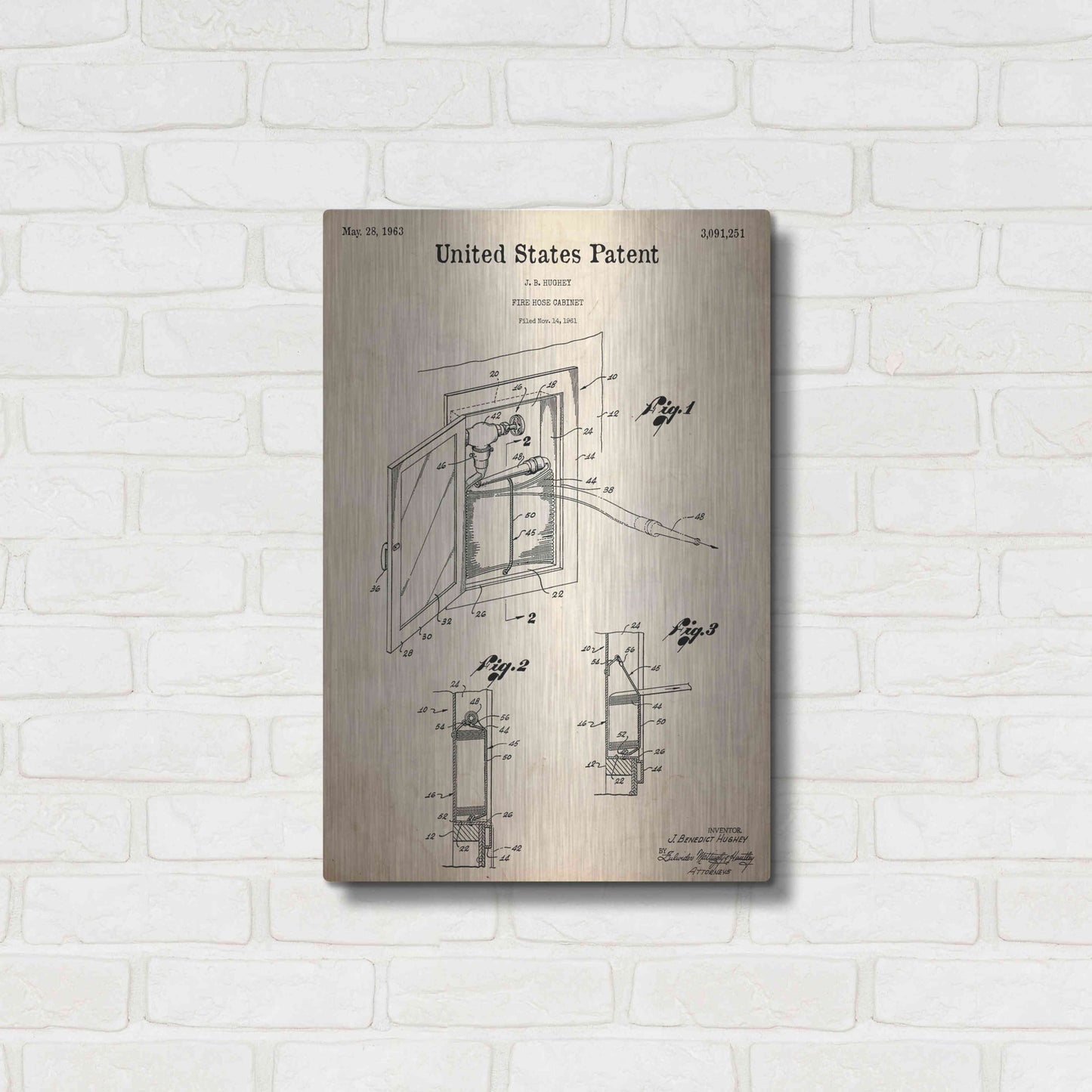 Luxe Metal Art 'Fire Hose Cabinet Blueprint Patent Parchment,' Metal Wall Art,16x24