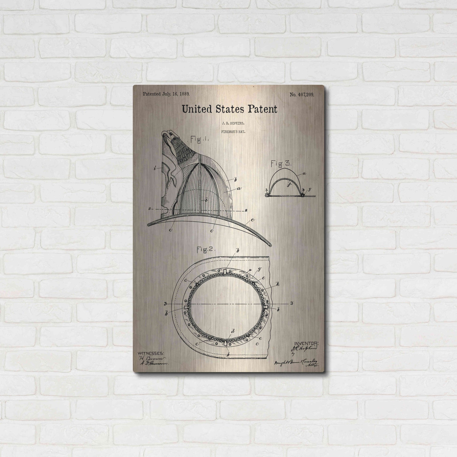 Luxe Metal Art 'Fireman's Hat Blueprint Patent Parchment,' Metal Wall Art,24x36