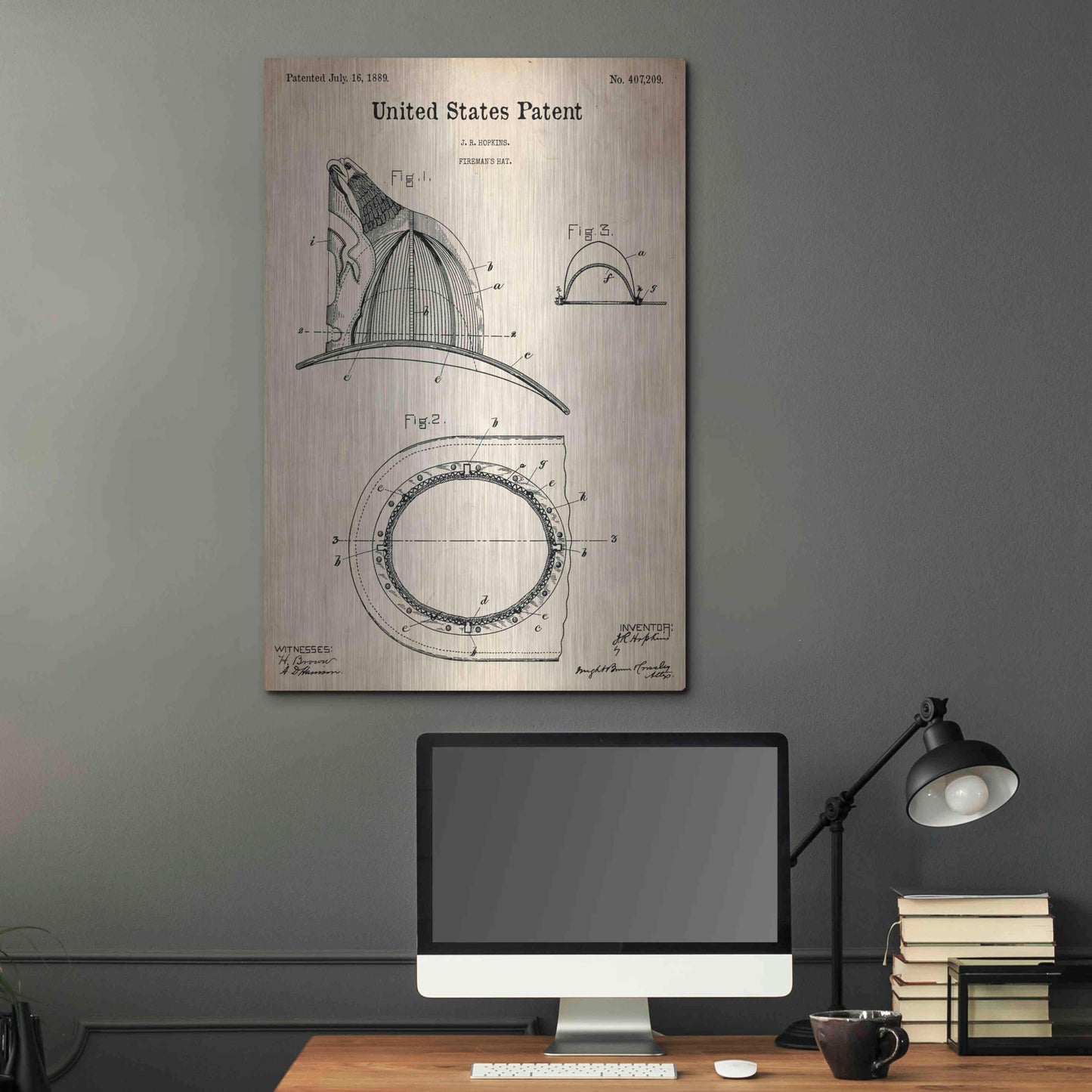 Luxe Metal Art 'Fireman's Hat Blueprint Patent Parchment,' Metal Wall Art,24x36