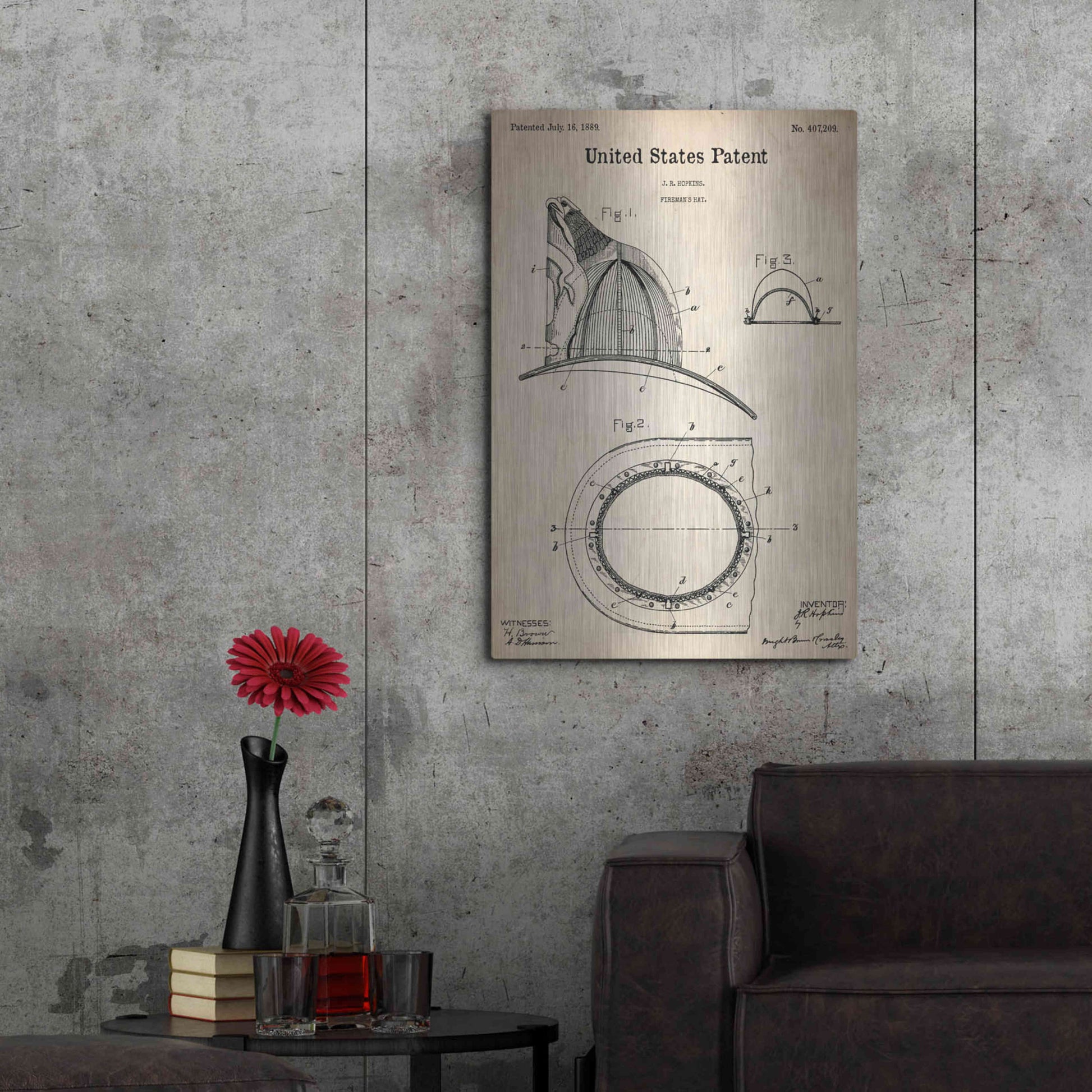 Luxe Metal Art 'Fireman's Hat Blueprint Patent Parchment,' Metal Wall Art,24x36