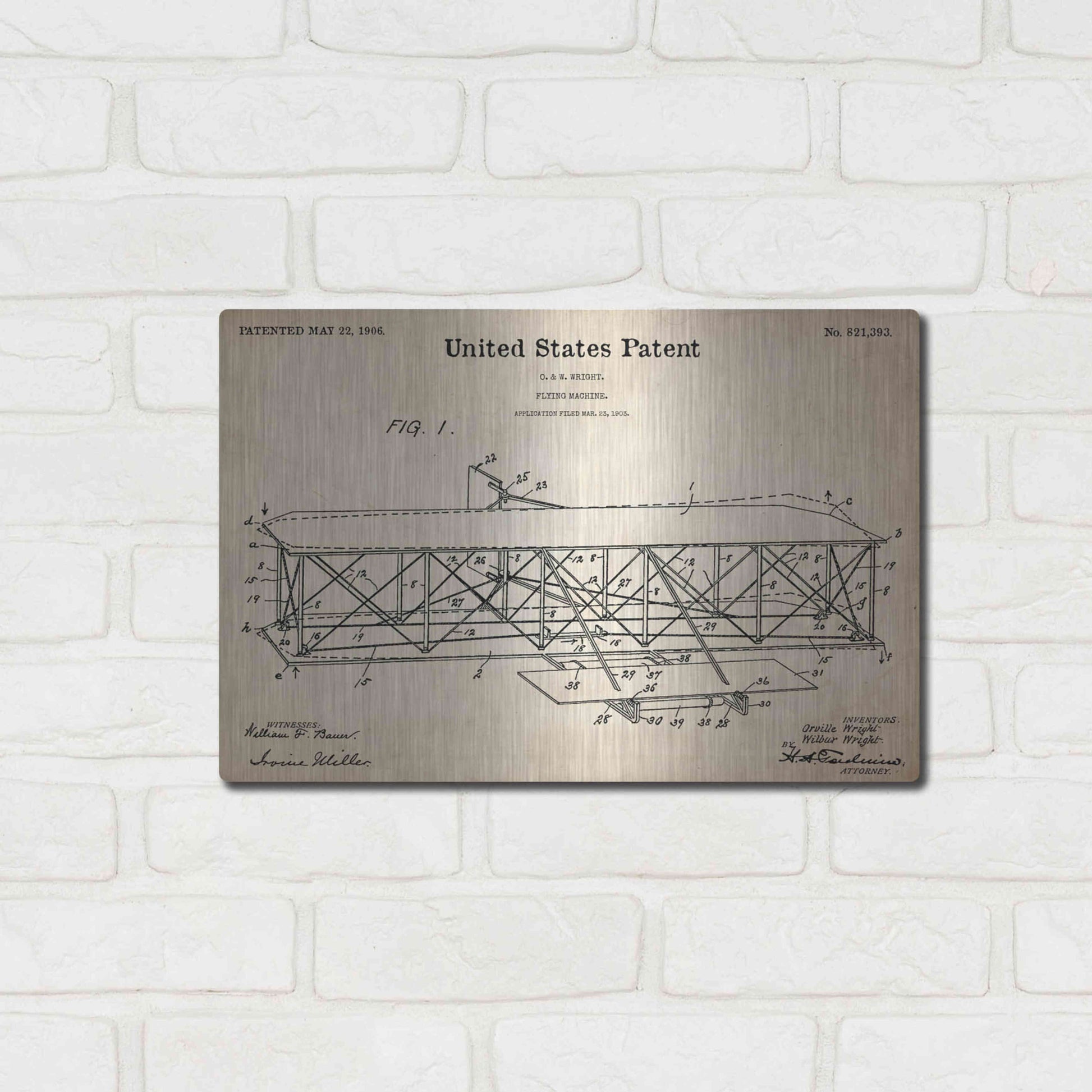 Luxe Metal Art 'Wright Bros. Flying Machine Blueprint Patent Parchment,' Metal Wall Art,16x12