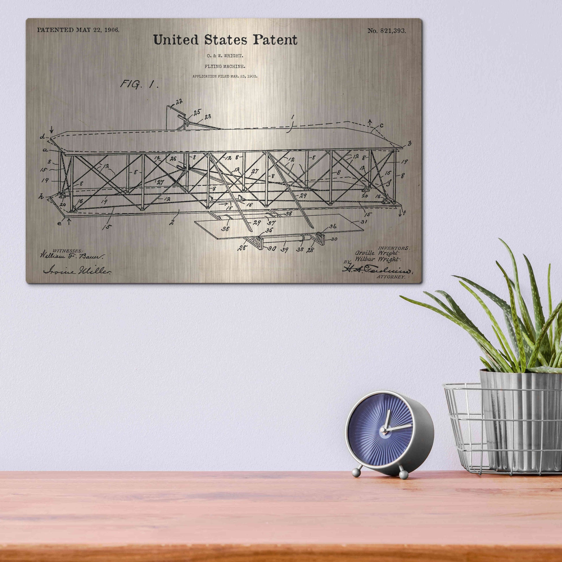 Luxe Metal Art 'Wright Bros. Flying Machine Blueprint Patent Parchment,' Metal Wall Art,16x12