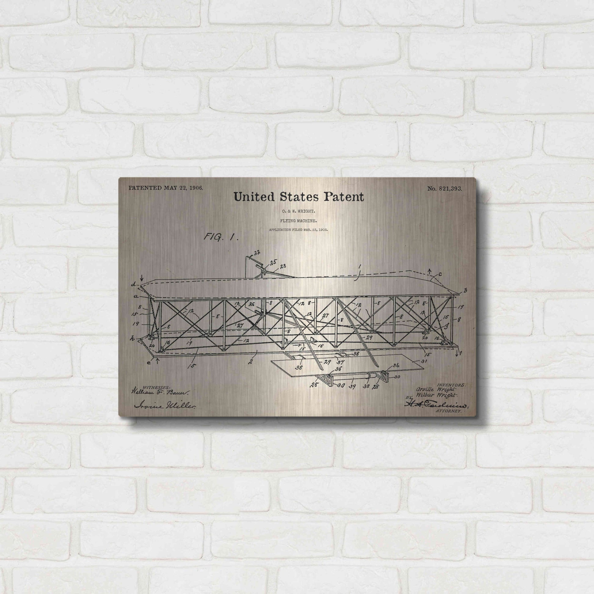 Luxe Metal Art 'Wright Bros. Flying Machine Blueprint Patent Parchment,' Metal Wall Art,24x16