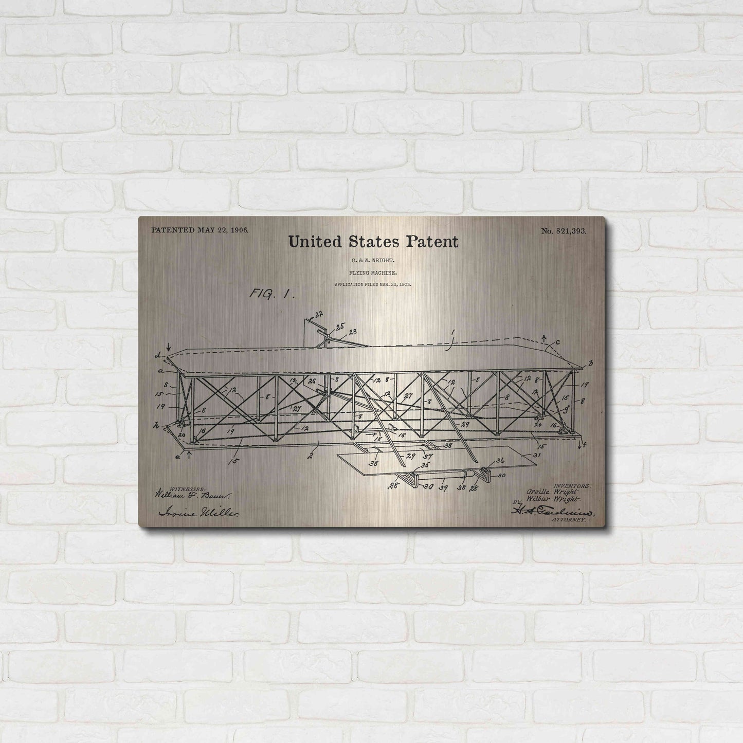 Luxe Metal Art 'Wright Bros. Flying Machine Blueprint Patent Parchment,' Metal Wall Art,36x24