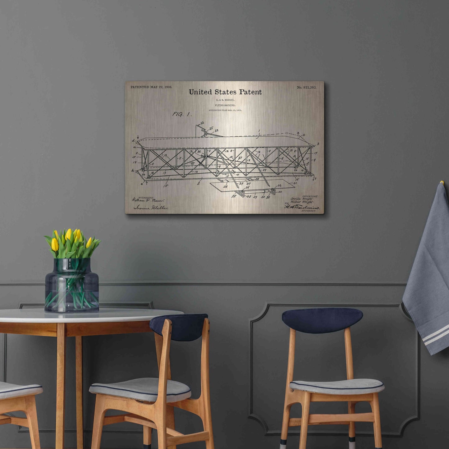 Luxe Metal Art 'Wright Bros. Flying Machine Blueprint Patent Parchment,' Metal Wall Art,36x24