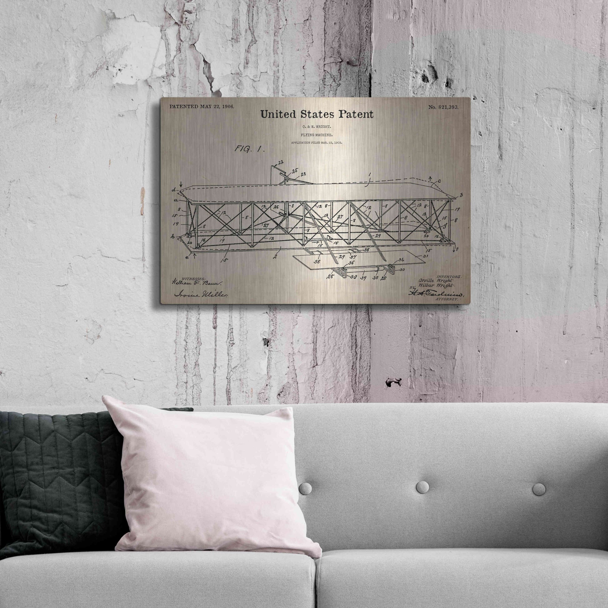 Luxe Metal Art 'Wright Bros. Flying Machine Blueprint Patent Parchment,' Metal Wall Art,36x24