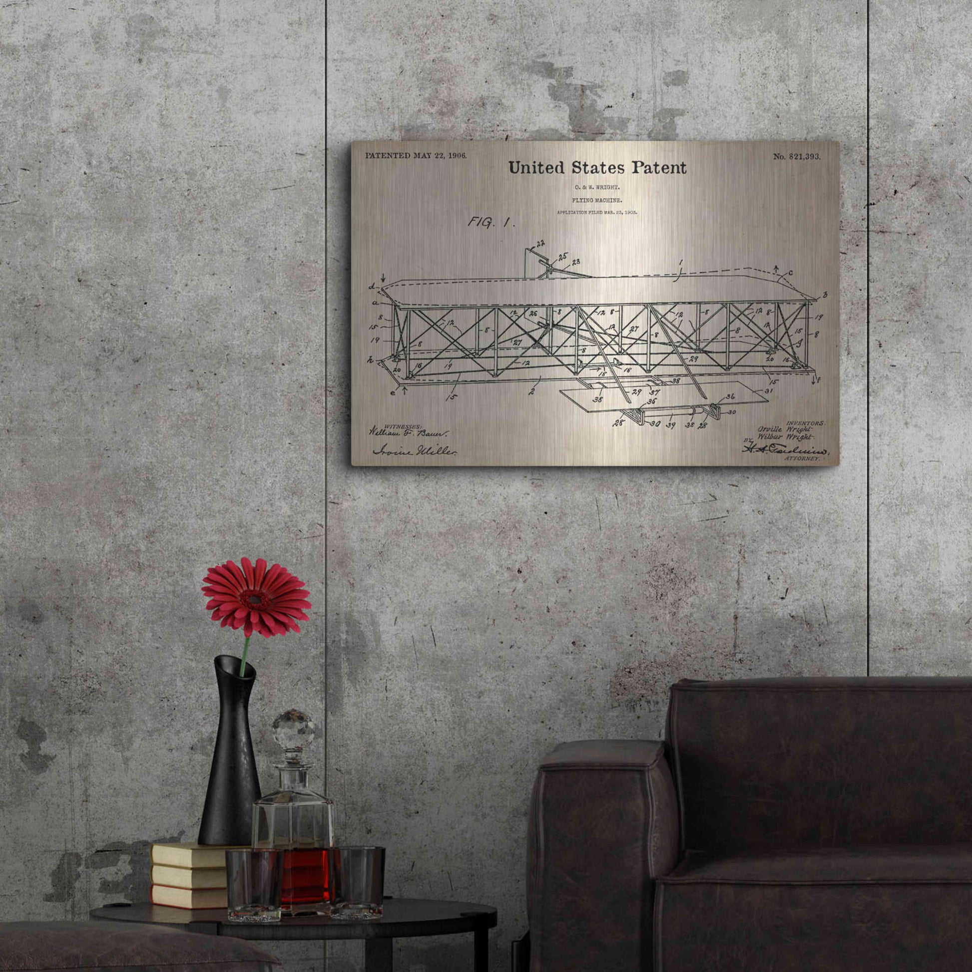 Luxe Metal Art 'Wright Bros. Flying Machine Blueprint Patent Parchment,' Metal Wall Art,36x24