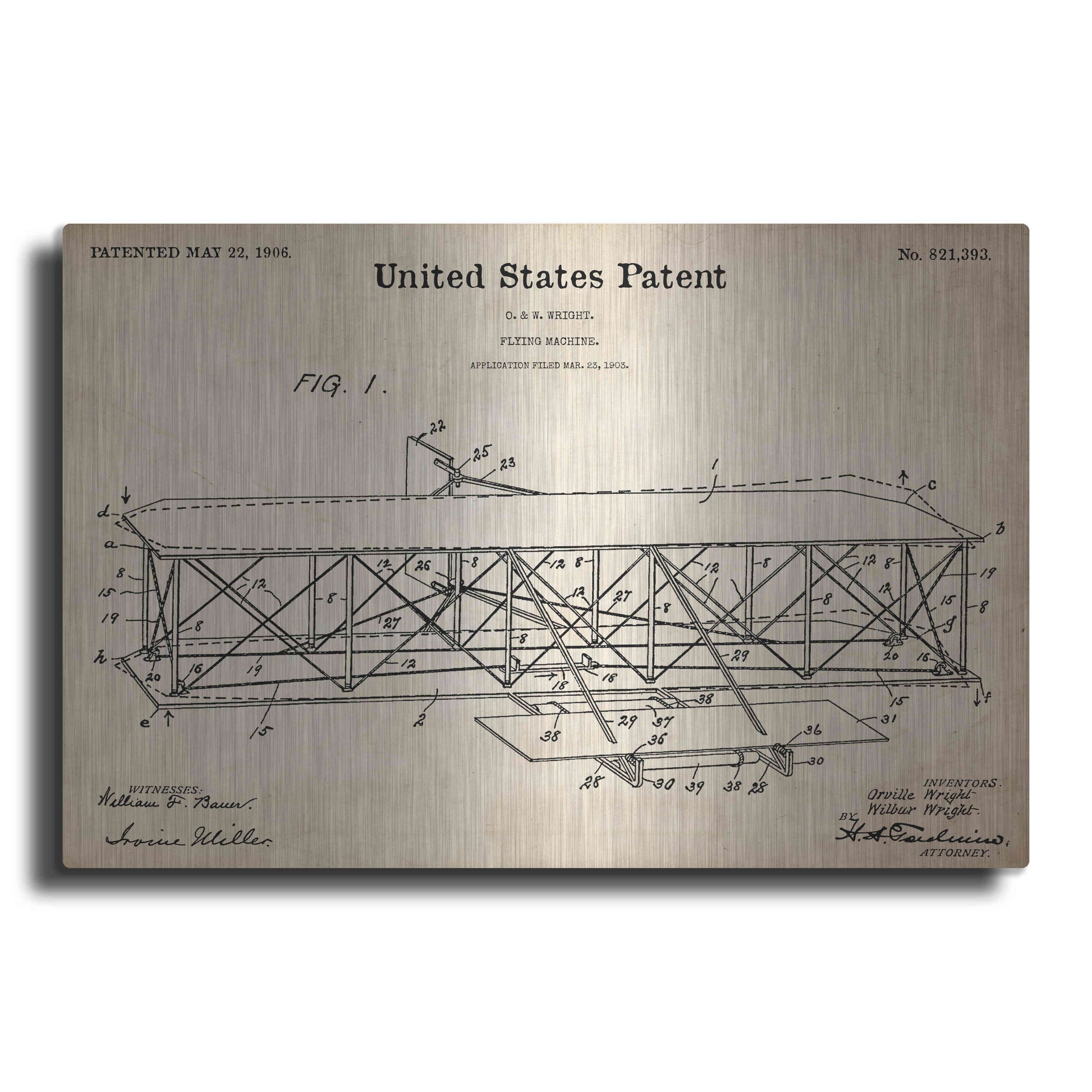 Luxe Metal Art 'Wright Bros. Flying Machine Blueprint Patent Parchment,' Metal Wall Art