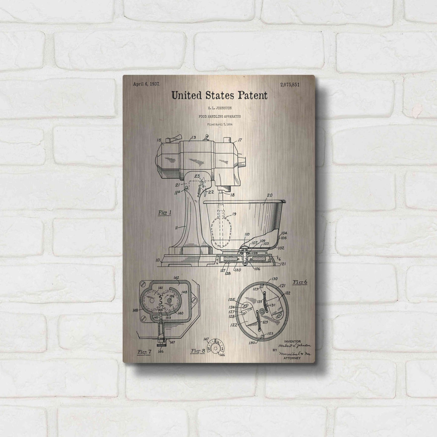 Luxe Metal Art 'Kitchen Mixer Blueprint Patent Parchment,' Metal Wall Art,12x16