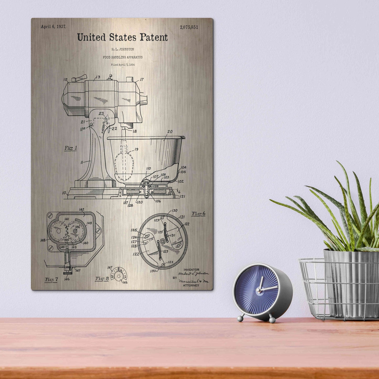 Luxe Metal Art 'Kitchen Mixer Blueprint Patent Parchment,' Metal Wall Art,12x16