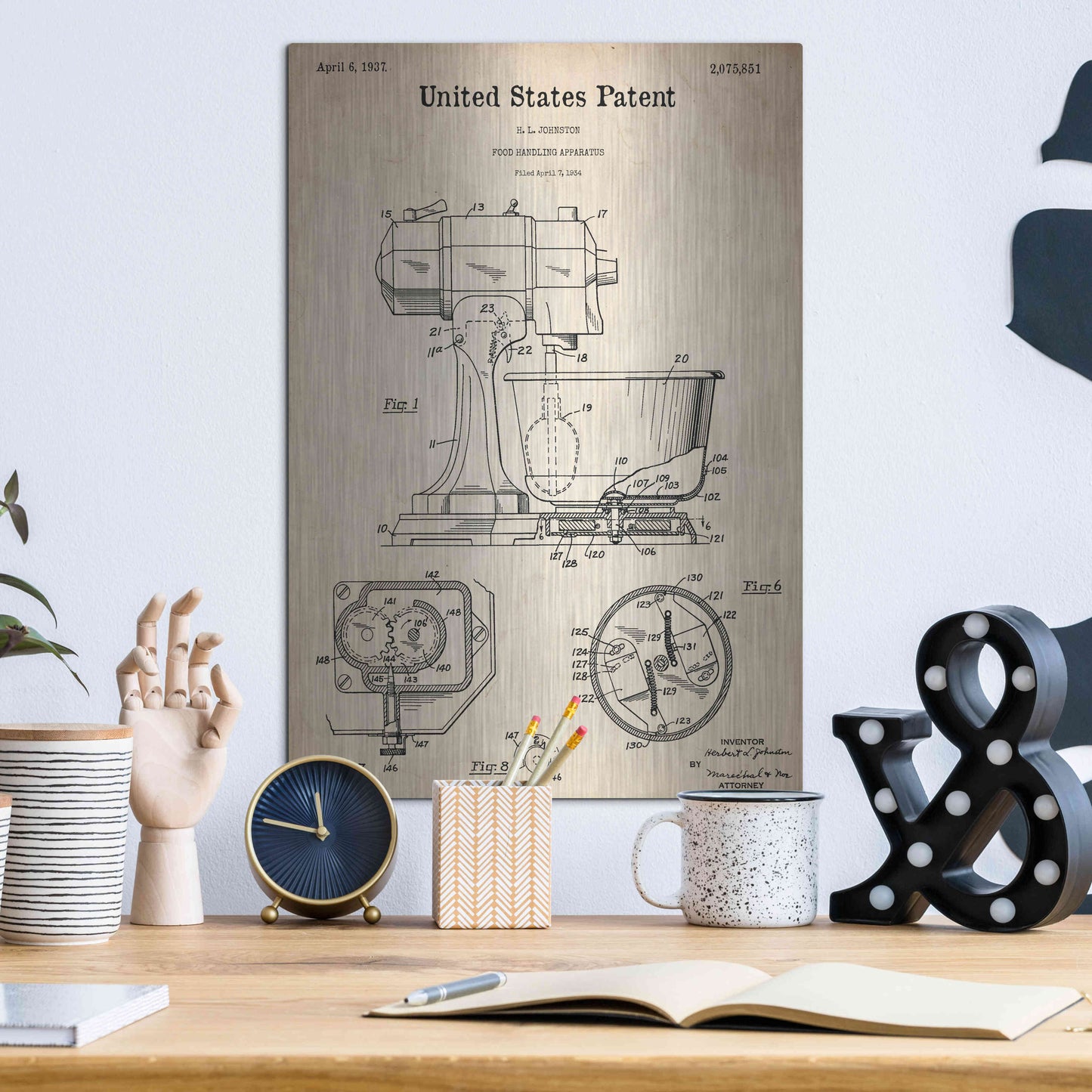 Luxe Metal Art 'Kitchen Mixer Blueprint Patent Parchment,' Metal Wall Art,12x16