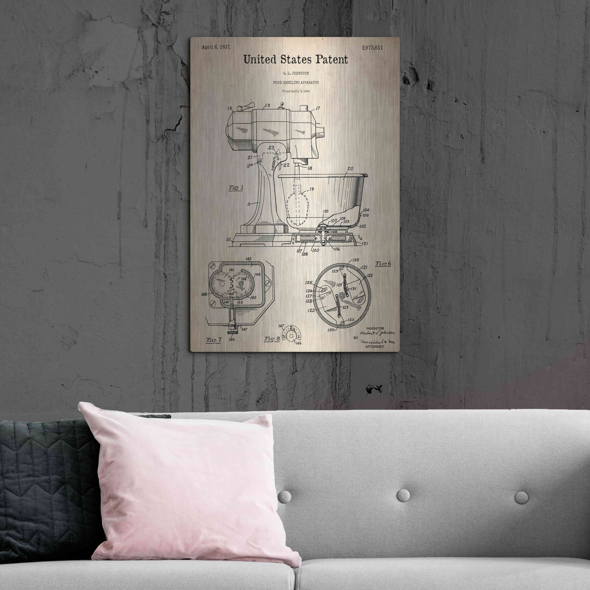 Luxe Metal Art 'Kitchen Mixer Blueprint Patent Parchment,' Metal Wall Art,24x36