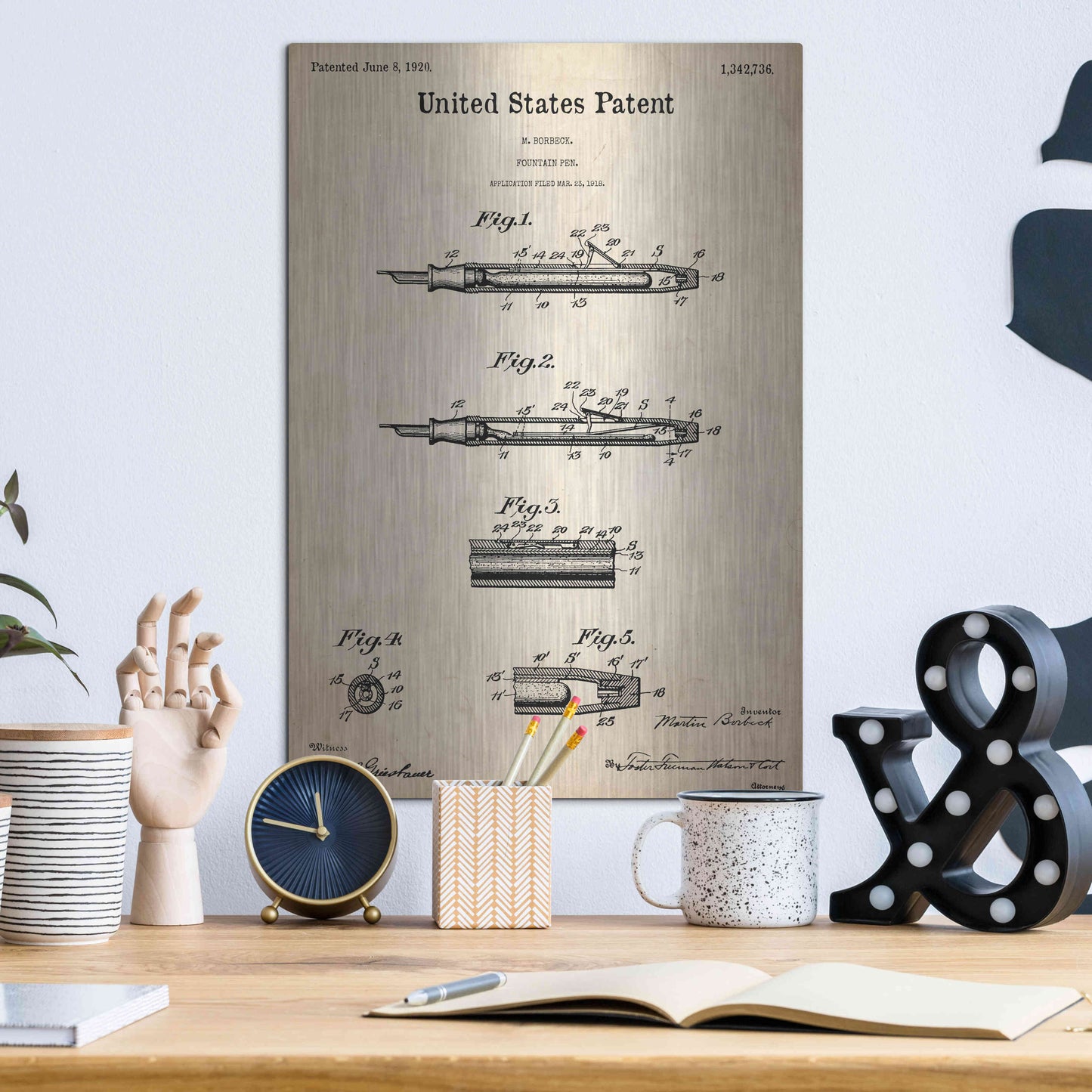 Luxe Metal Art 'Fountain Pen Blueprint Patent Parchment,' Metal Wall Art,12x16