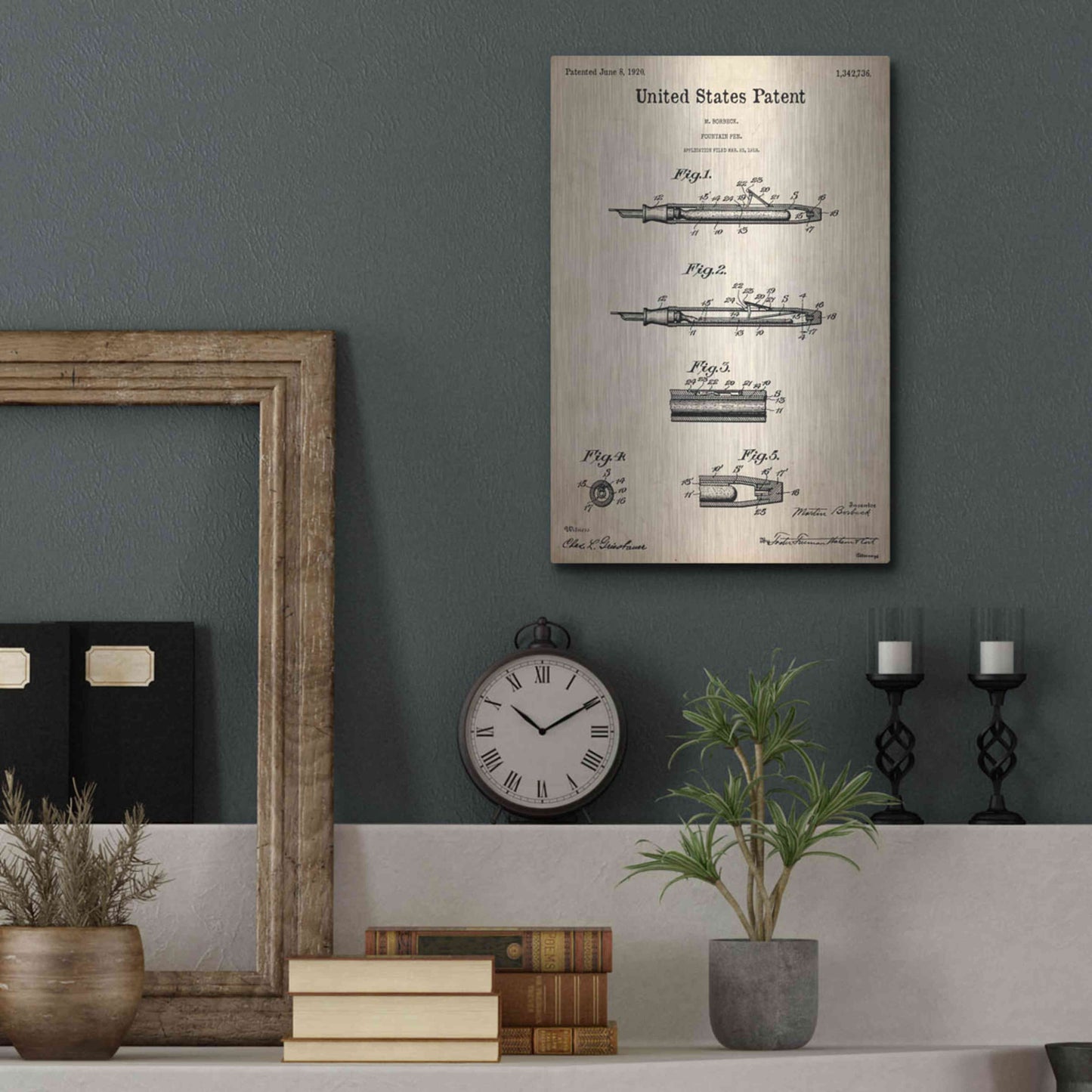 Luxe Metal Art 'Fountain Pen Blueprint Patent Parchment,' Metal Wall Art,12x16