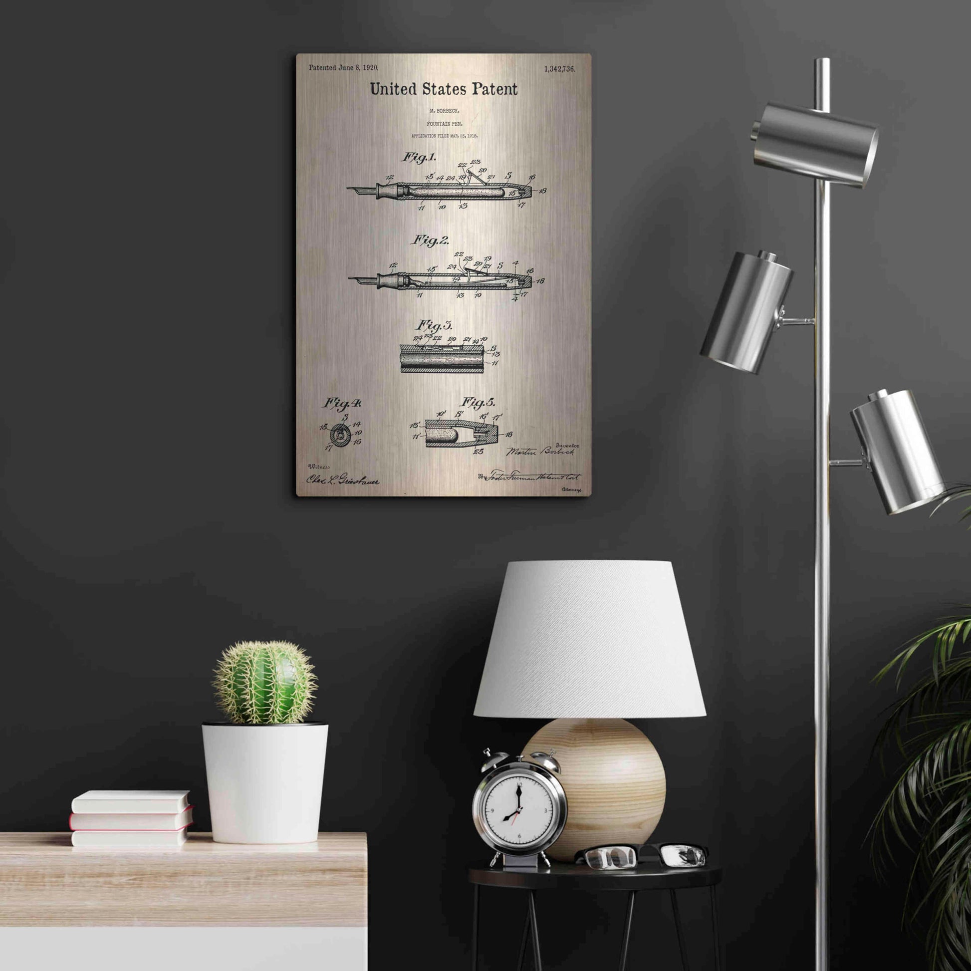 Luxe Metal Art 'Fountain Pen Blueprint Patent Parchment,' Metal Wall Art,16x24