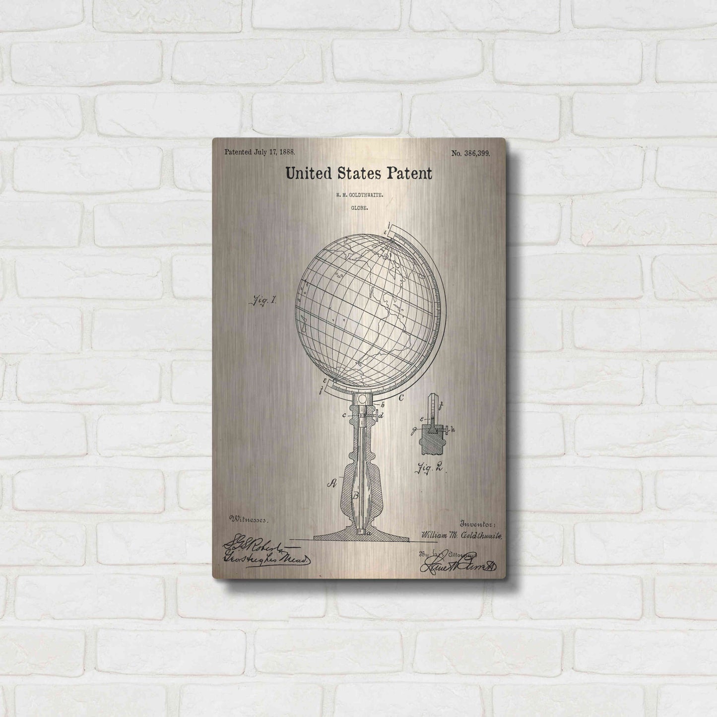 Luxe Metal Art 'globe Blueprint Patent Parchment,' Metal Wall Art,16x24