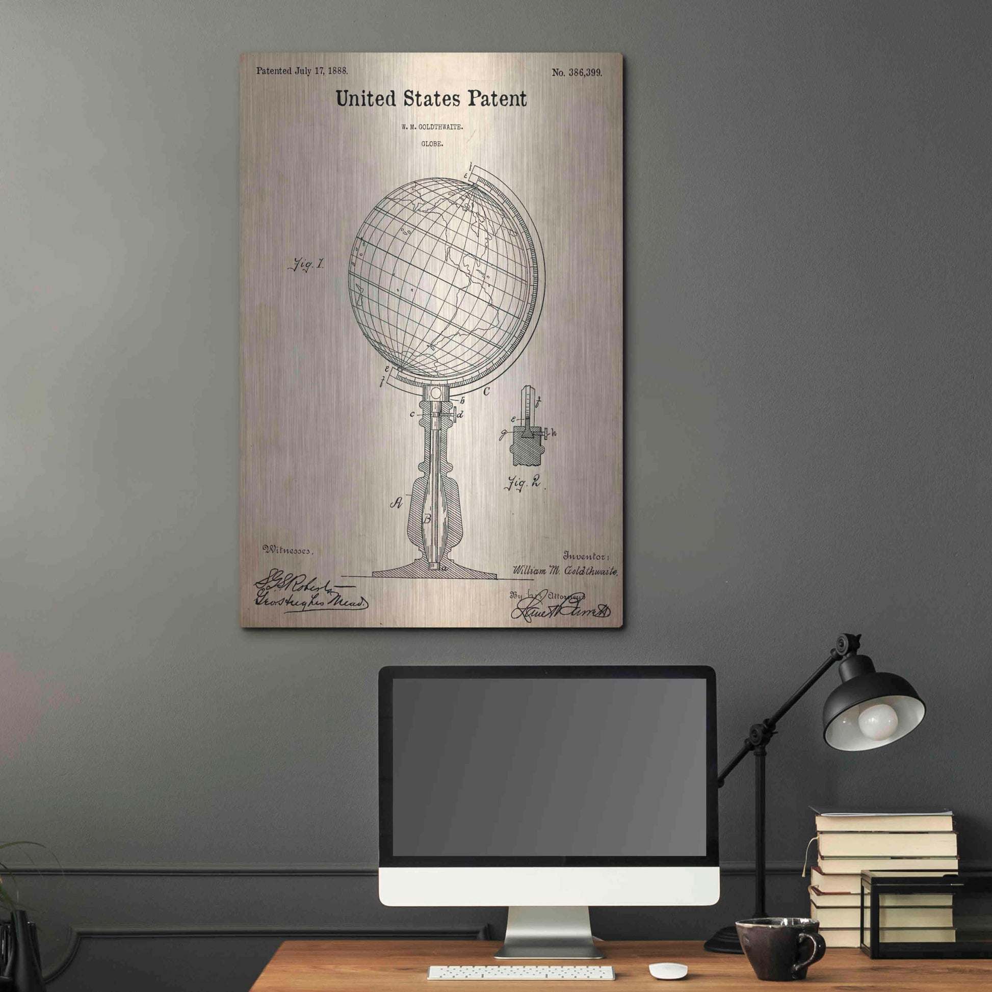 Luxe Metal Art 'globe Blueprint Patent Parchment,' Metal Wall Art,24x36