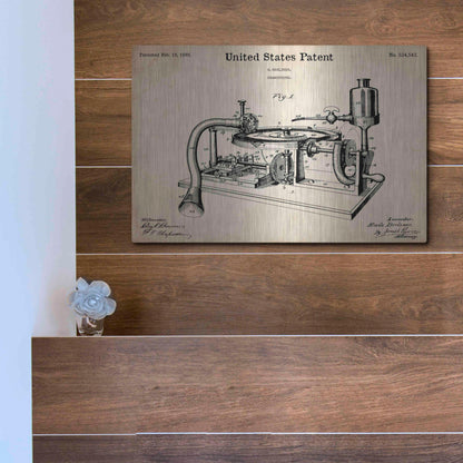 Luxe Metal Art 'Gramophone, 1895 Blueprint Patent Parchment,' Metal Wall Art,16x12