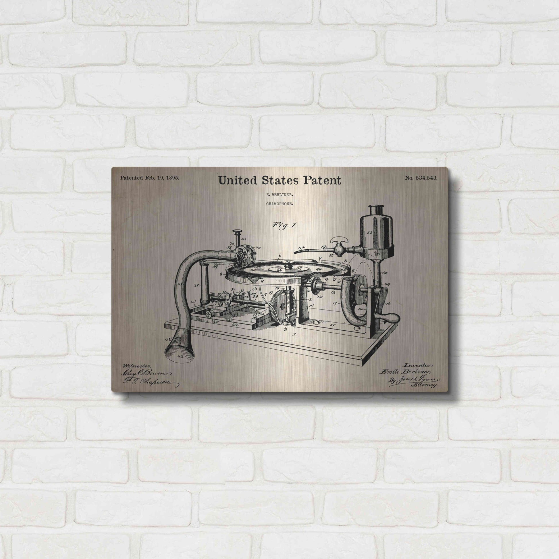 Luxe Metal Art 'Gramophone, 1895 Blueprint Patent Parchment,' Metal Wall Art,24x16