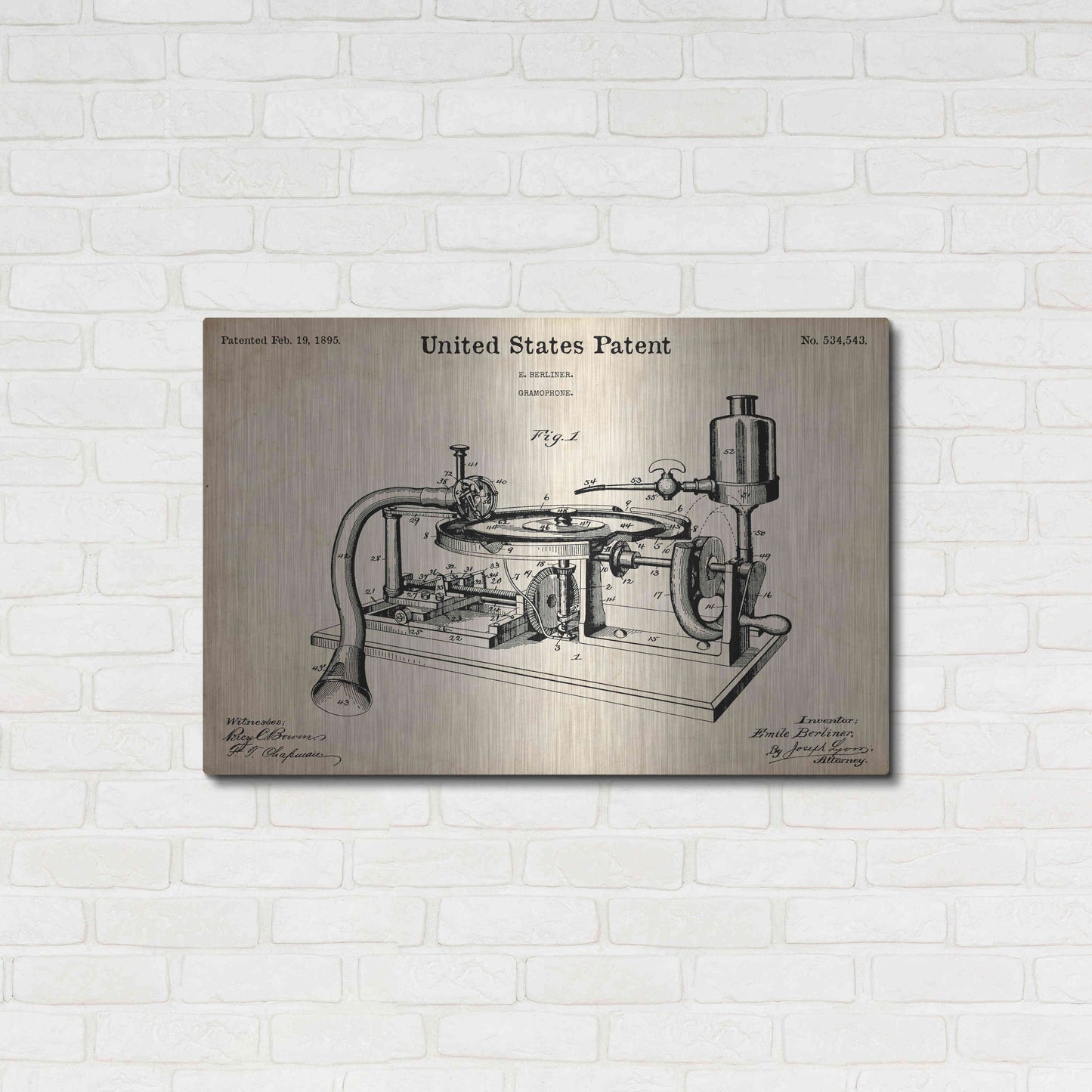 Luxe Metal Art 'Gramophone, 1895 Blueprint Patent Parchment,' Metal Wall Art,36x24