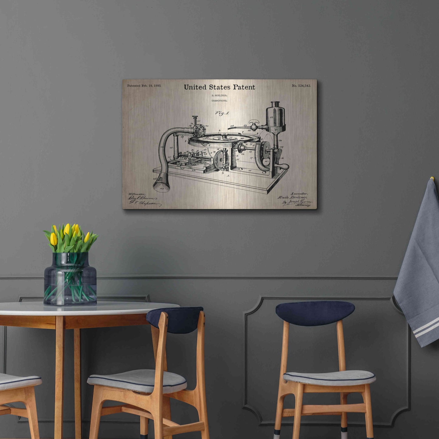 Luxe Metal Art 'Gramophone, 1895 Blueprint Patent Parchment,' Metal Wall Art,36x24